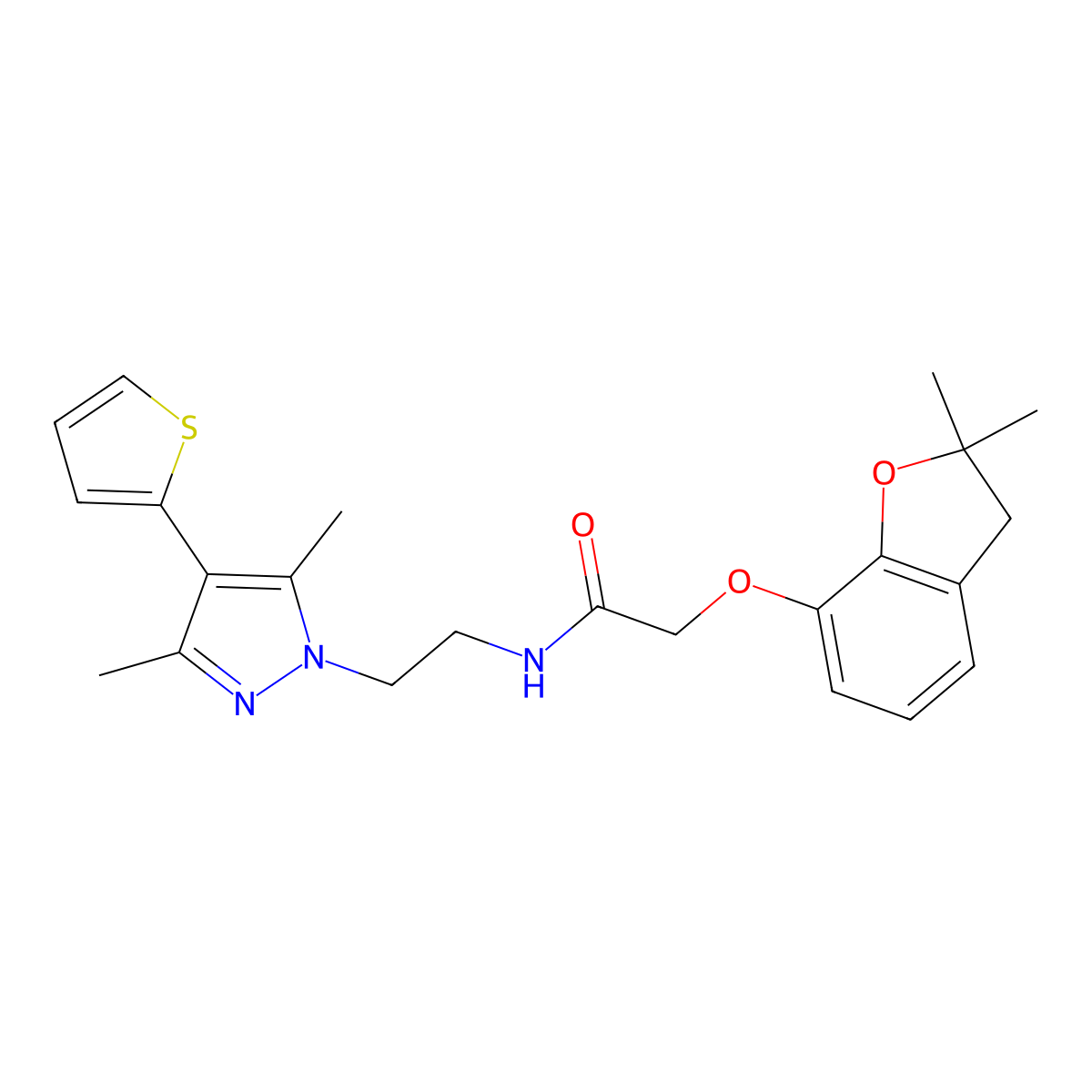 2-((2,2-dimethyl-2,3-dihydrobenzofuran-7-yl)oxy)-N-(2-(3,5-dimethyl-4-(thiophen-2-yl)-1H-pyrazol-1-yl)ethyl)acetamide molecular structure, CAS 2034554-33-9