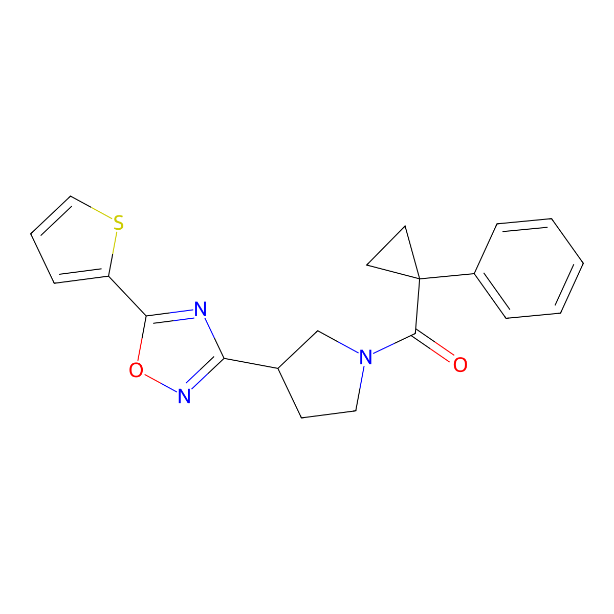 (1-Phenylcyclopropyl)(3-(5-(thiophen-2-yl)-1,2,4-oxadiazol-3-yl)pyrrolidin-1-yl)methanone molecular structure, CAS 2034554-42-0