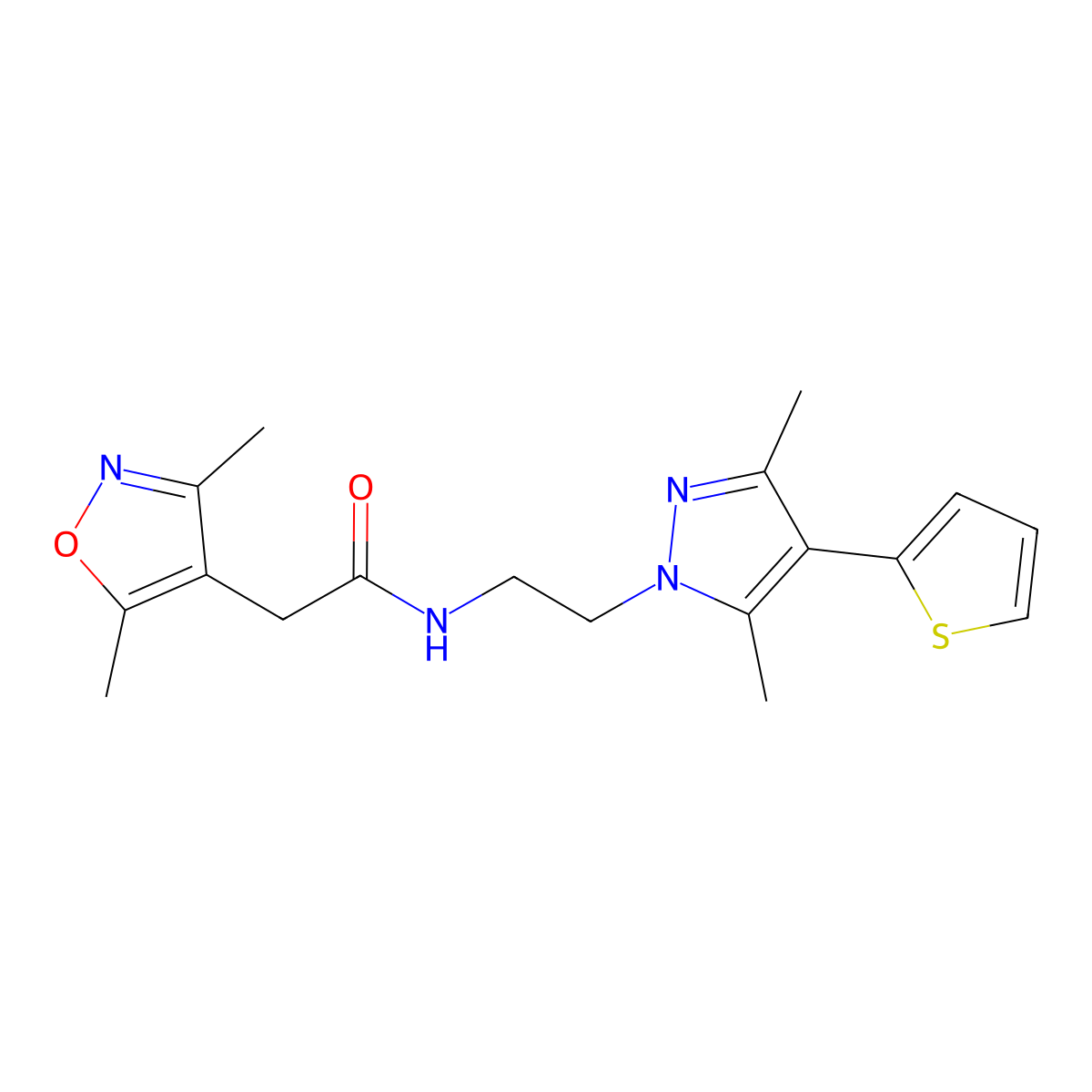 N-(2-(3,5-dimethyl-4-(thiophen-2-yl)-1H-pyrazol-1-yl)ethyl)-2-(3,5-dimethylisoxazol-4-yl)acetamide molecular structure, CAS 2034554-44-2