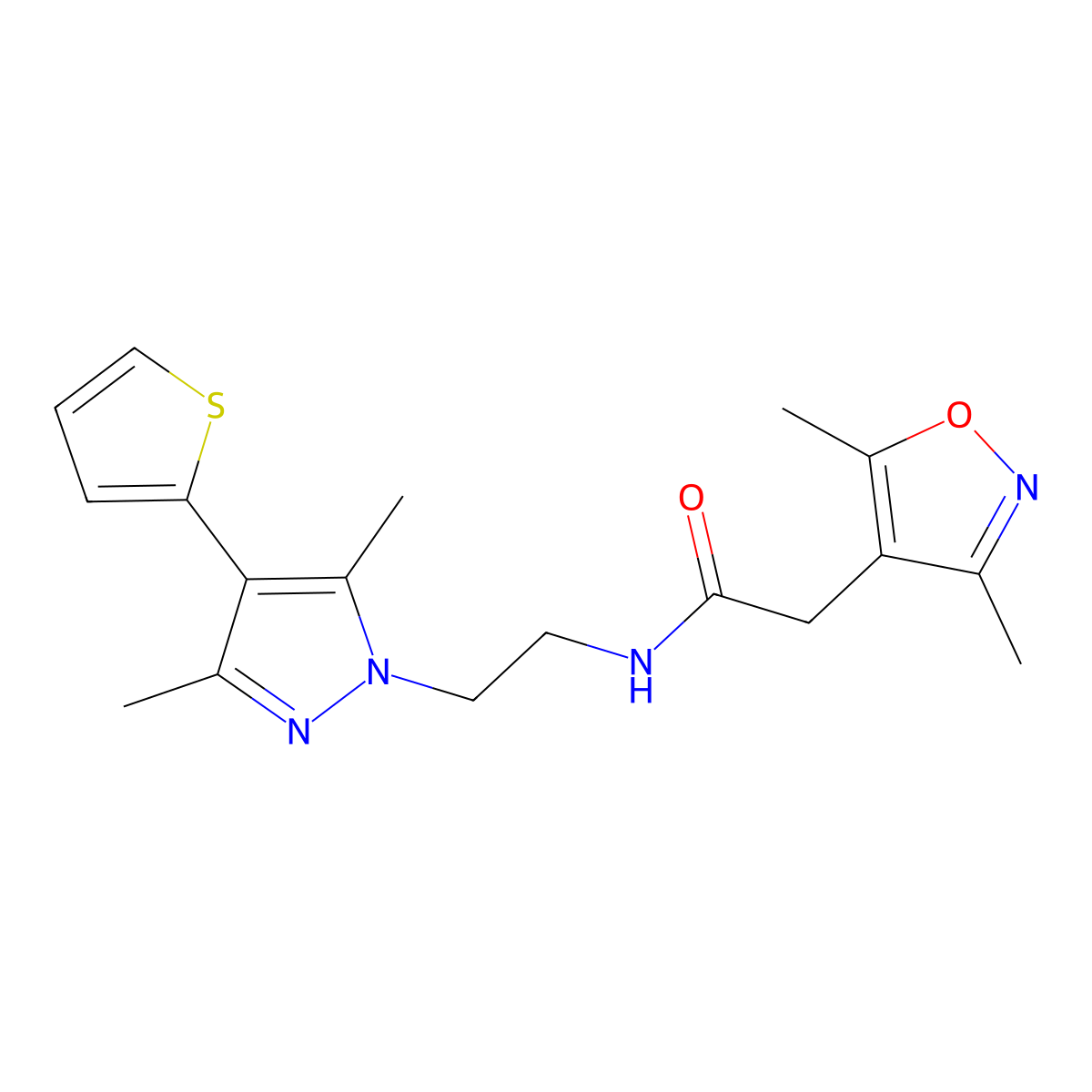 N-(2-(3,5-dimethyl-4-(thiophen-2-yl)-1H-pyrazol-1-yl)ethyl)-2-(3,5-dimethylisoxazol-4-yl)acetamide molecular structure, CAS 2034554-44-2