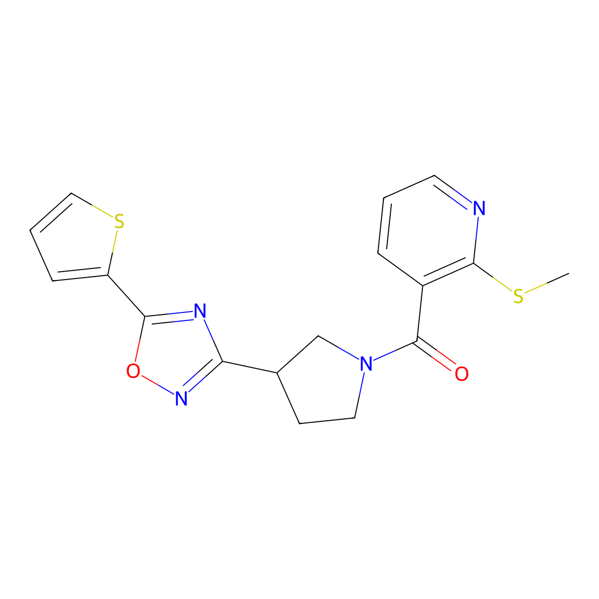 (2-(Methylthio)pyridin-3-yl)(3-(5-(thiophen-2-yl)-1,2,4-oxadiazol-3-yl)pyrrolidin-1-yl)methanone molecular structure, CAS 2034554-54-4