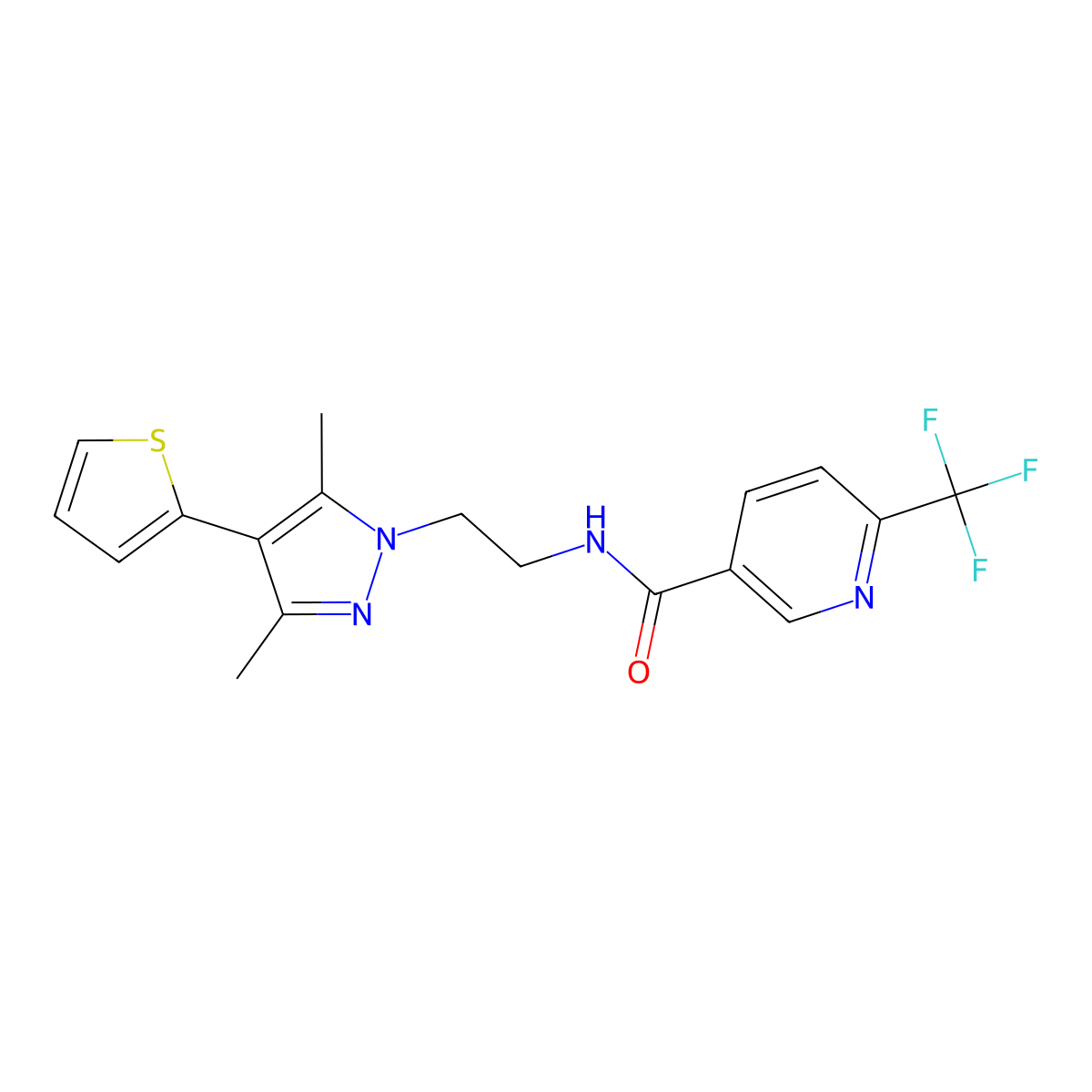 N-(2-(3,5-dimethyl-4-(thiophen-2-yl)-1H-pyrazol-1-yl)ethyl)-6-(trifluoromethyl)nicotinamide molecular structure, CAS 2034554-55-5