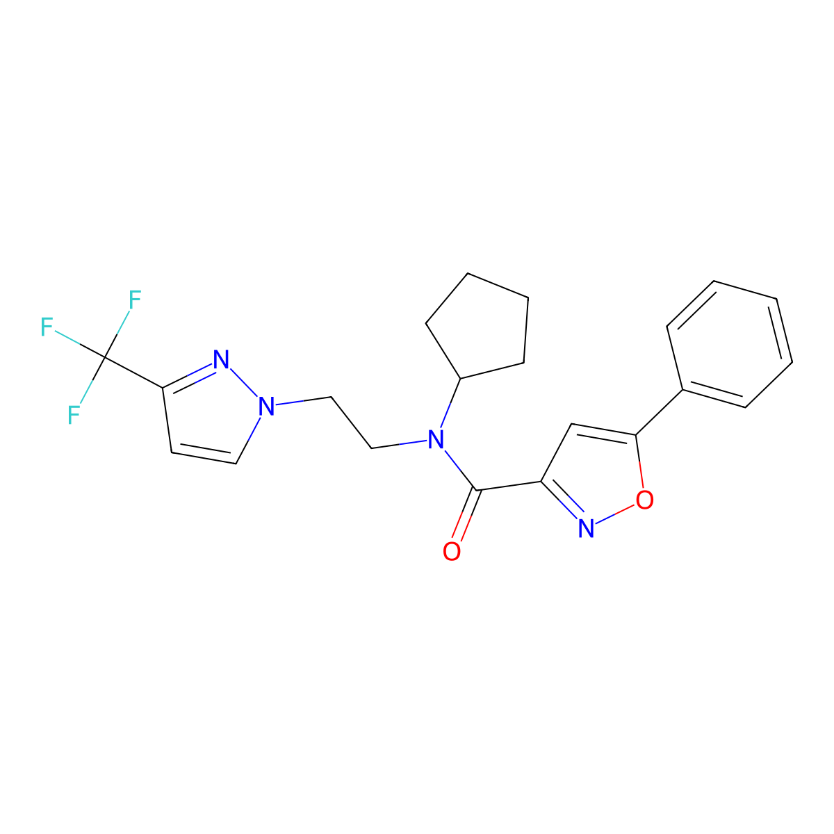 N-cyclopentyl-5-phenyl-N-(2-(3-(trifluoromethyl)-1H-pyrazol-1-yl)ethyl)isoxazole-3-carboxamide molecular structure, CAS 2034554-60-2