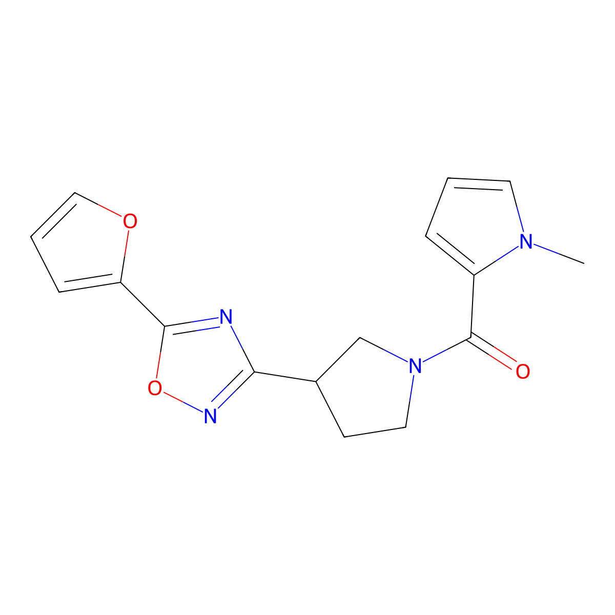(3-(5-(furan-2-yl)-1,2,4-oxadiazol-3-yl)pyrrolidin-1-yl)(1-methyl-1H-pyrrol-2-yl)methanone molecular structure, CAS 2034554-64-6
