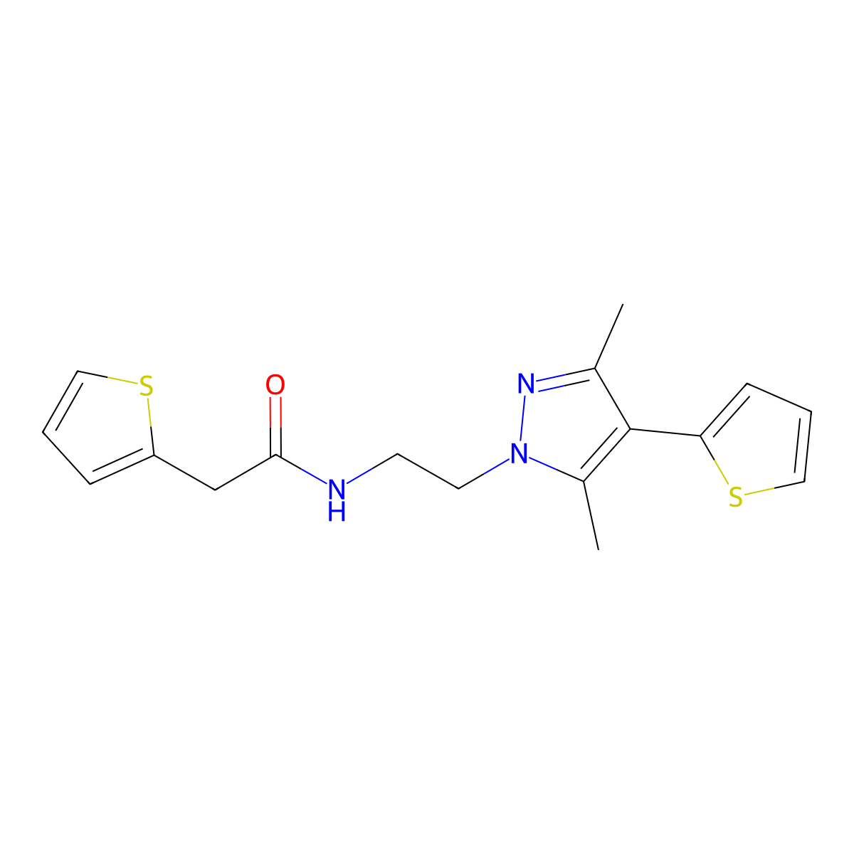 N-(2-(3,5-dimethyl-4-(thiophen-2-yl)-1H-pyrazol-1-yl)ethyl)-2-(thiophen-2-yl)acetamide molecular structure, CAS 2034554-68-0