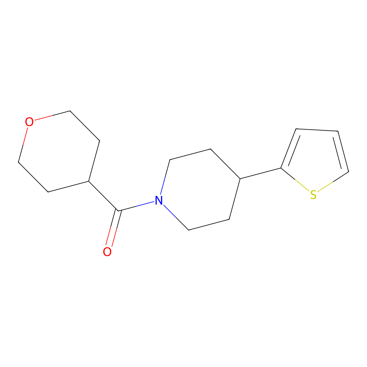 (tetrahydro-2H-pyran-4-yl)(4-(thiophen-2-yl)piperidin-1-yl)methanone molecular structure, CAS 2034554-73-7