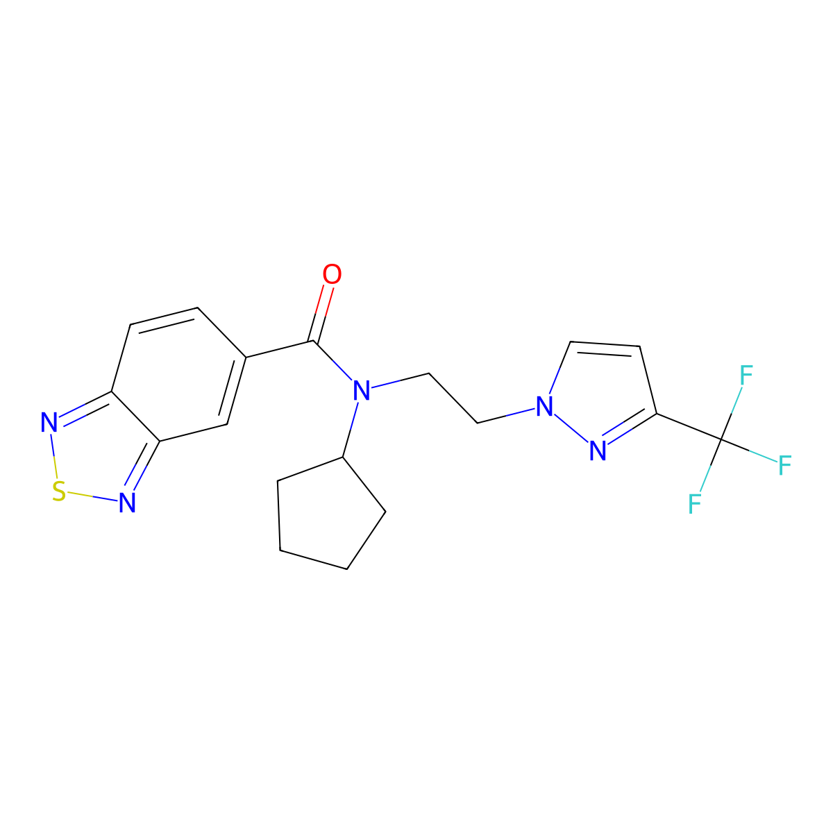 N-cyclopentyl-N-(2-(3-(trifluoromethyl)-1H-pyrazol-1-yl)ethyl)benzo[c][1,2,5]thiadiazole-5-carboxamide molecular structure, CAS 2034554-79-3