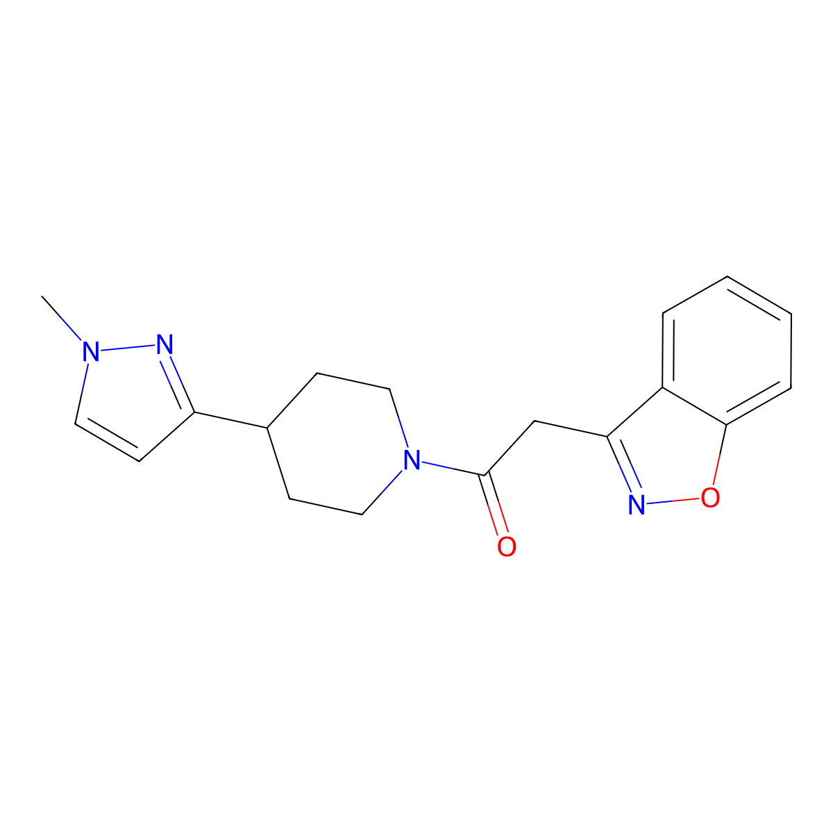 2-(benzo[d]isoxazol-3-yl)-1-(4-(1-methyl-1H-pyrazol-3-yl)piperidin-1-yl)ethanone molecular structure, CAS 2034554-85-1