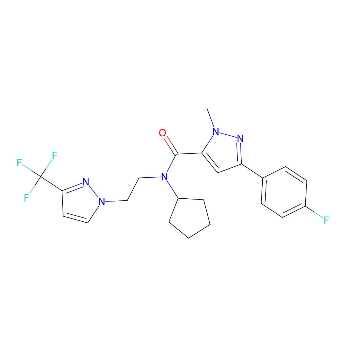 N-cyclopentyl-3-(4-fluorophenyl)-1-methyl-N-(2-(3-(trifluoromethyl)-1H-pyrazol-1-yl)ethyl)-1H-pyrazole-5-carboxamide molecular structure, CAS 2034554-87-3