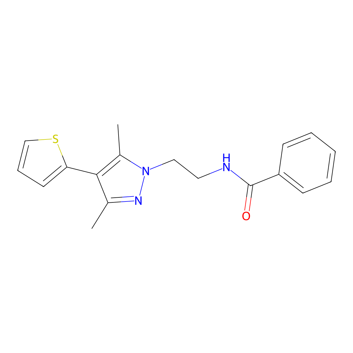 N-(2-(3,5-dimethyl-4-(thiophen-2-yl)-1H-pyrazol-1-yl)ethyl)benzamide molecular structure, CAS 2034554-92-0