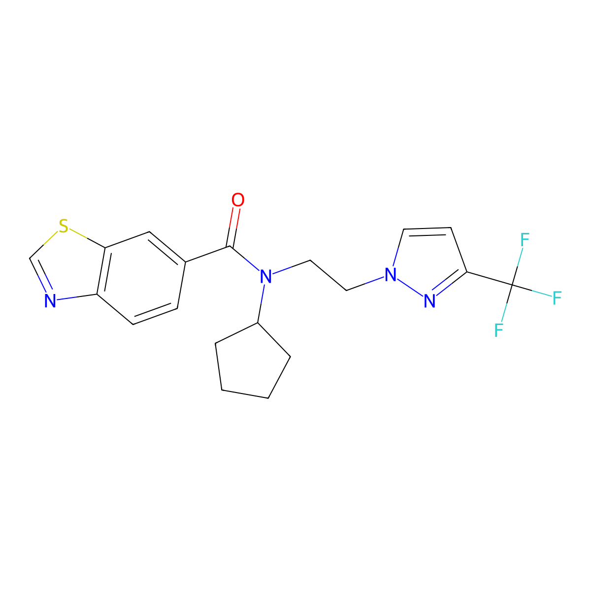 N-cyclopentyl-N-(2-(3-(trifluoromethyl)-1H-pyrazol-1-yl)ethyl)benzo[d]thiazole-6-carboxamide molecular structure, CAS 2034554-94-2