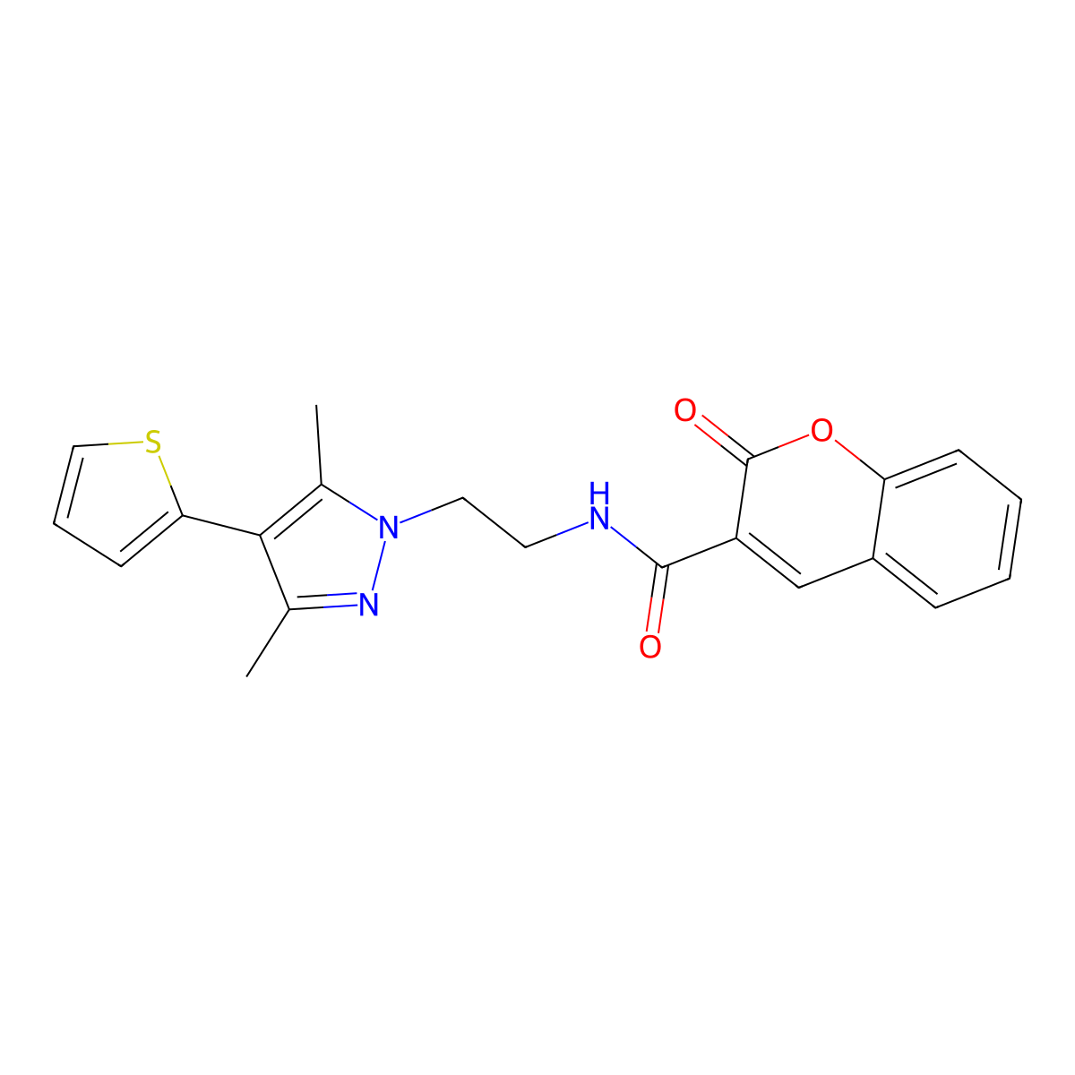N-(2-(3,5-dimethyl-4-(thiophen-2-yl)-1H-pyrazol-1-yl)ethyl)-2-oxo-2H-chromene-3-carboxamide molecular structure, CAS 2034554-98-6