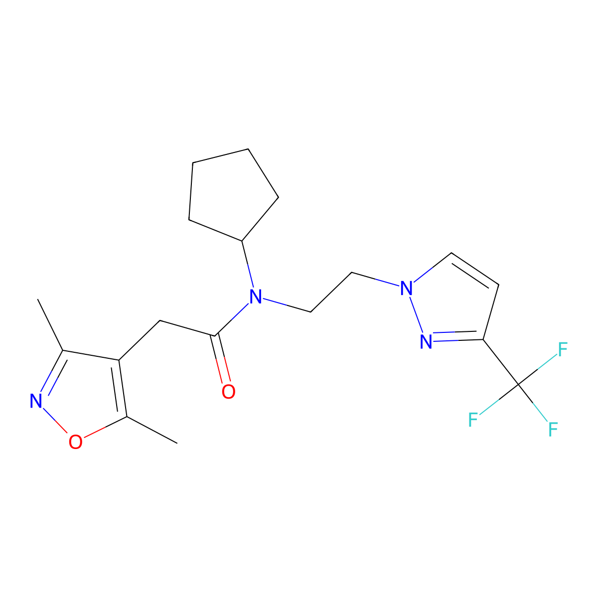 N-cyclopentyl-2-(3,5-dimethylisoxazol-4-yl)-N-(2-(3-(trifluoromethyl)-1H-pyrazol-1-yl)ethyl)acetamide molecular structure, CAS 2034555-00-3