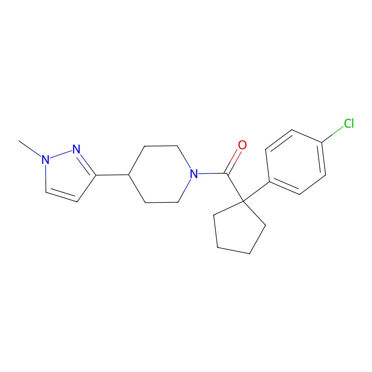 (1-(4-chlorophenyl)cyclopentyl)(4-(1-methyl-1H-pyrazol-3-yl)piperidin-1-yl)methanone molecular structure, CAS 2034555-03-6