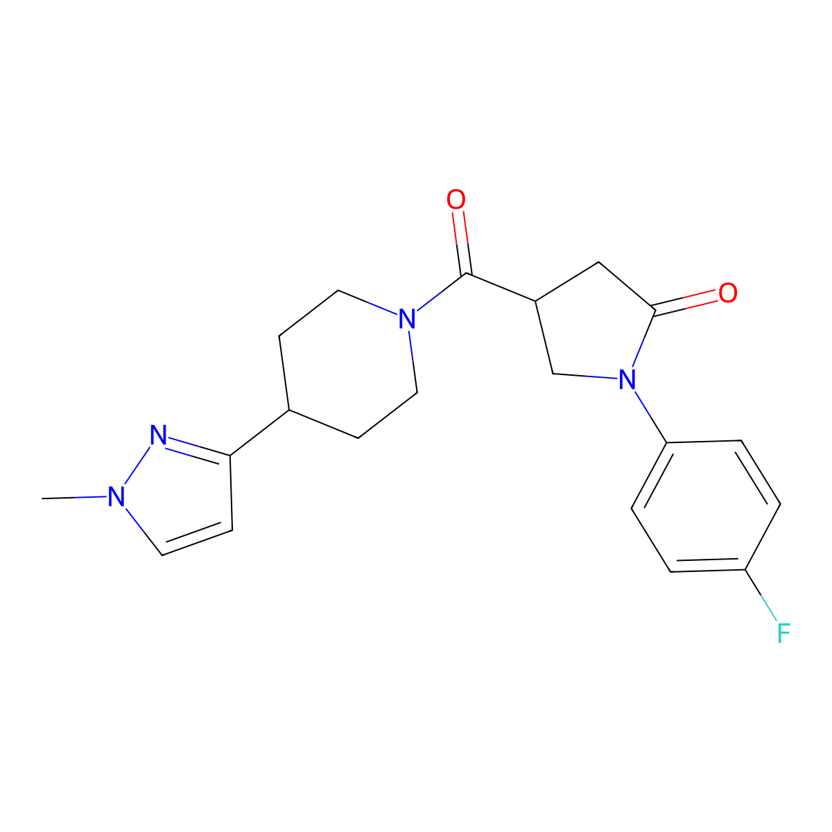 1-(4-fluorophenyl)-4-(4-(1-methyl-1H-pyrazol-3-yl)piperidine-1-carbonyl)pyrrolidin-2-one molecular structure, CAS 2034555-11-6