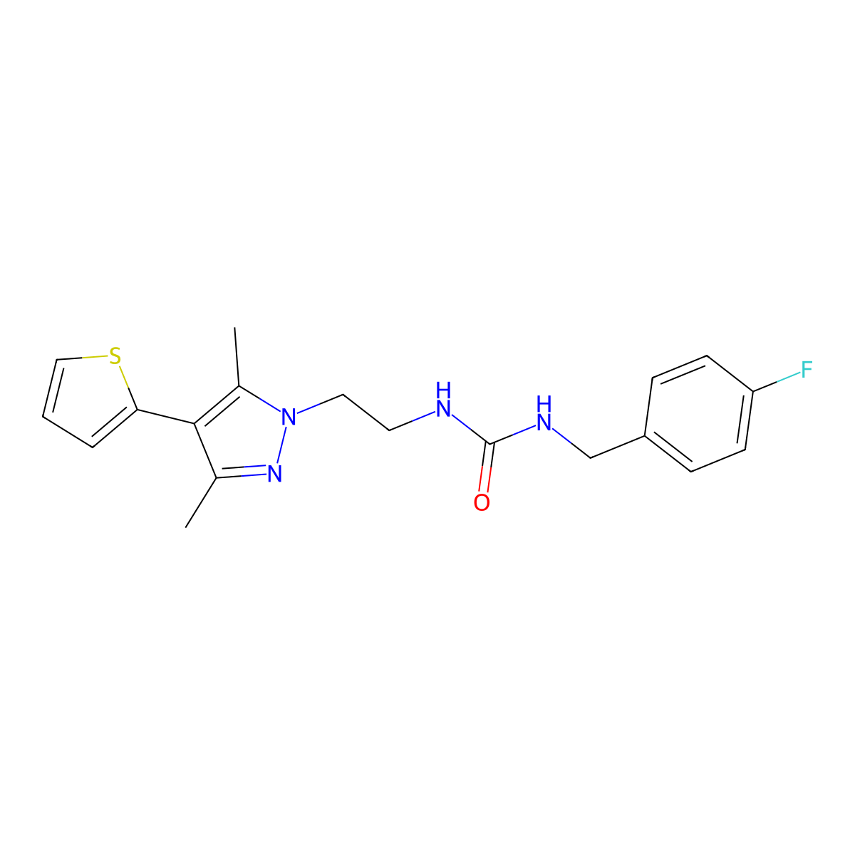 1-(2-(3,5-dimethyl-4-(thiophen-2-yl)-1H-pyrazol-1-yl)ethyl)-3-(4-fluorobenzyl)urea molecular structure, CAS 2034555-15-0