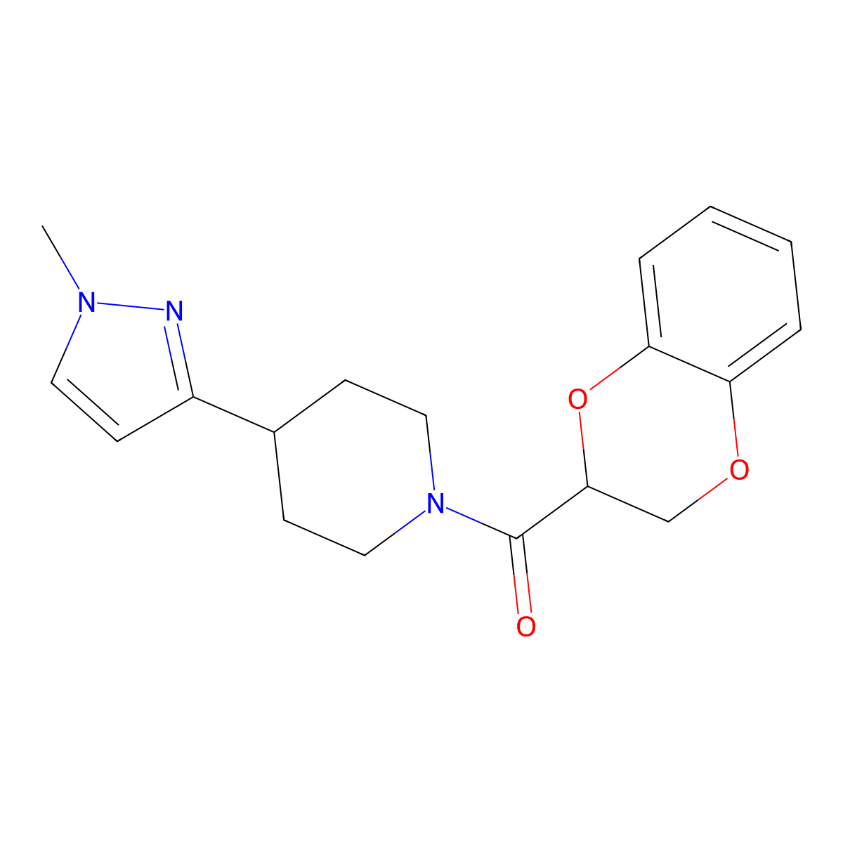 (2,3-dihydrobenzo[b][1,4]dioxin-2-yl)(4-(1-methyl-1H-pyrazol-3-yl)piperidin-1-yl)methanone molecular structure, CAS 2034555-16-1
