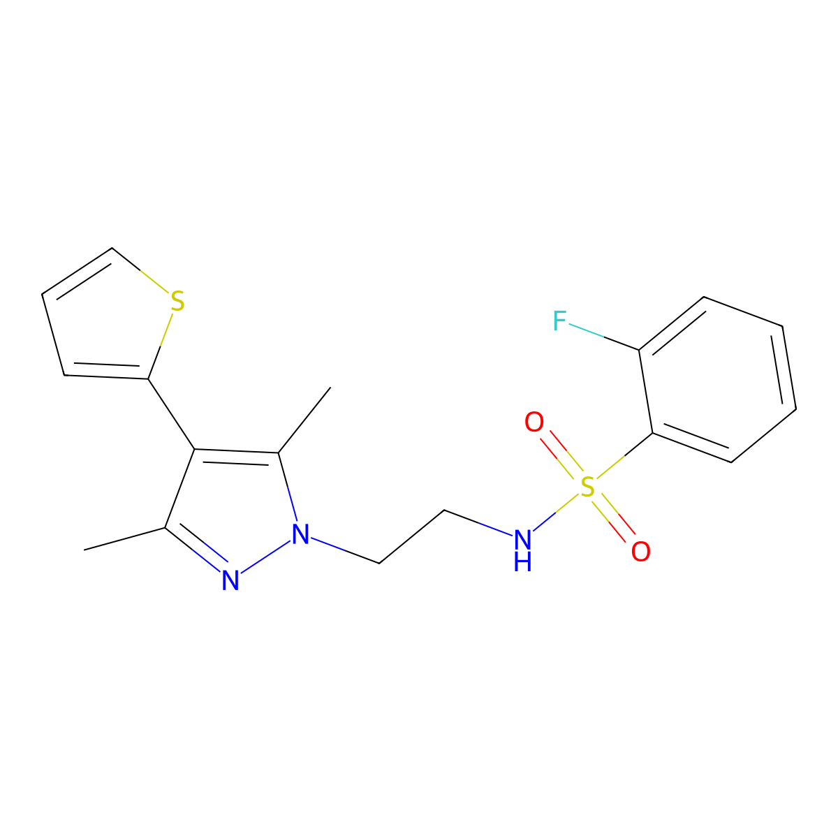 N-(2-(3,5-dimethyl-4-(thiophen-2-yl)-1H-pyrazol-1-yl)ethyl)-2-fluorobenzenesulfonamide molecular structure, CAS 2034555-21-8