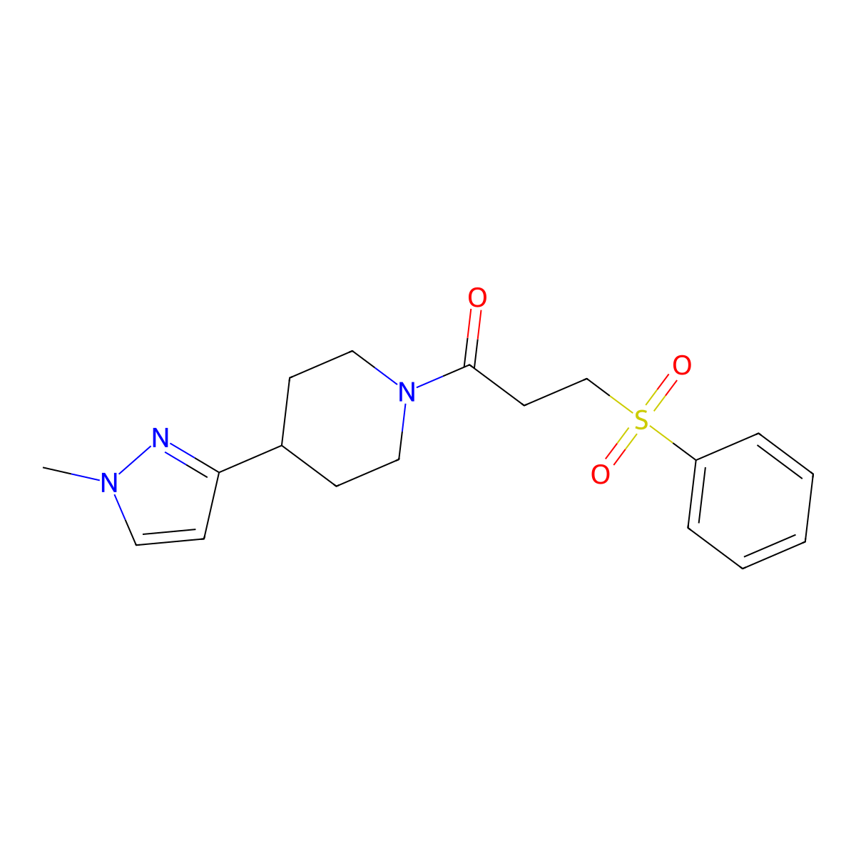 1-(4-(1-methyl-1H-pyrazol-3-yl)piperidin-1-yl)-3-(phenylsulfonyl)propan-1-one molecular structure, CAS 2034555-24-1
