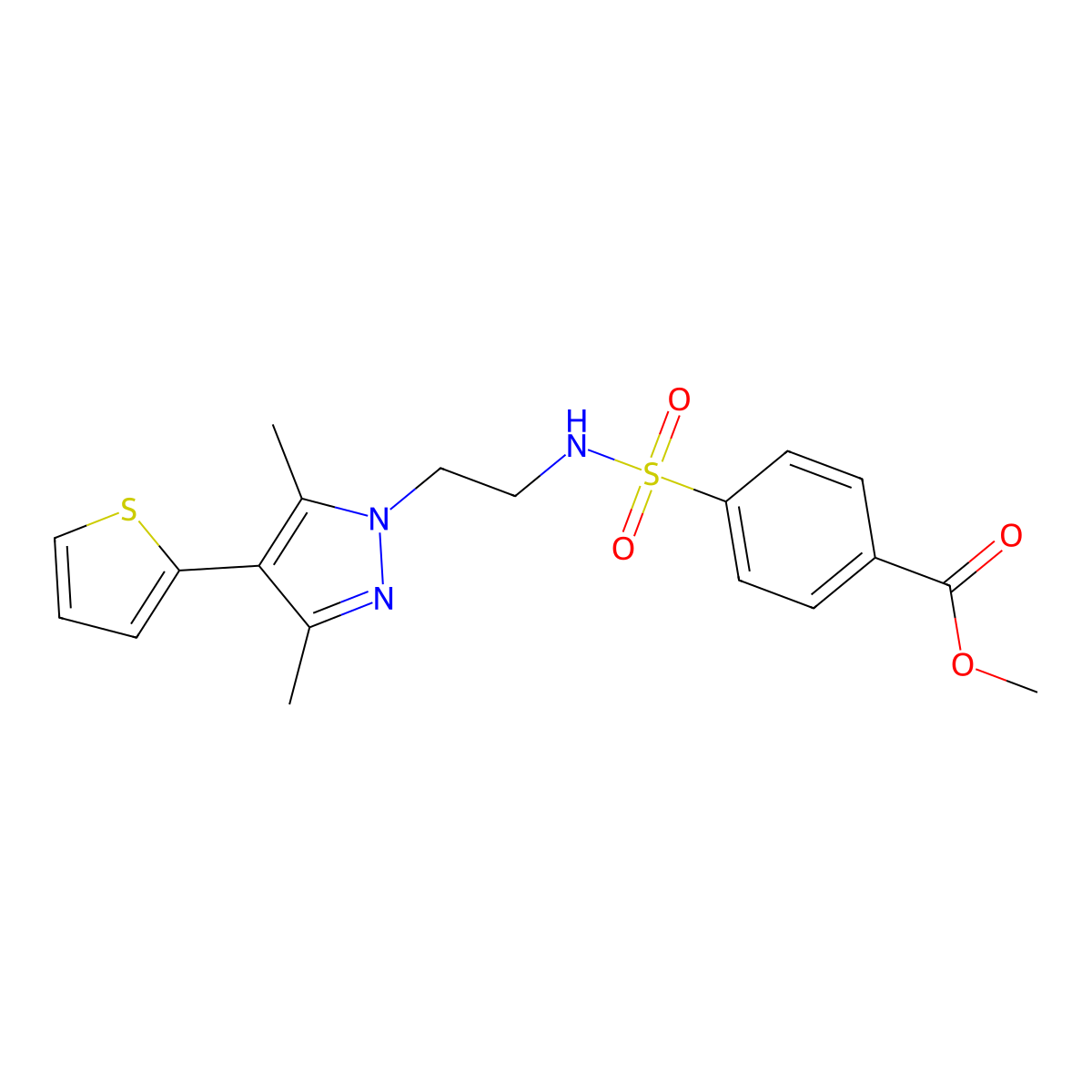 methyl 4-(N-(2-(3,5-dimethyl-4-(thiophen-2-yl)-1H-pyrazol-1-yl)ethyl)sulfamoyl)benzoate molecular structure, CAS 2034555-26-3