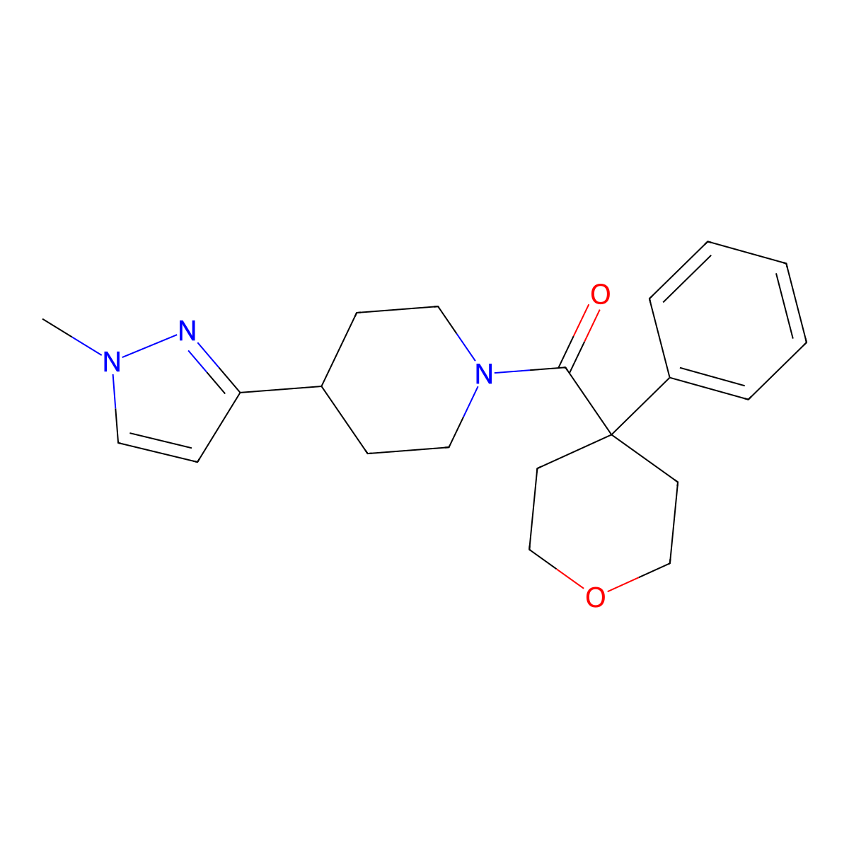 (4-(1-methyl-1H-pyrazol-3-yl)piperidin-1-yl)(4-phenyltetrahydro-2H-pyran-4-yl)methanone molecular structure, CAS 2034555-28-5