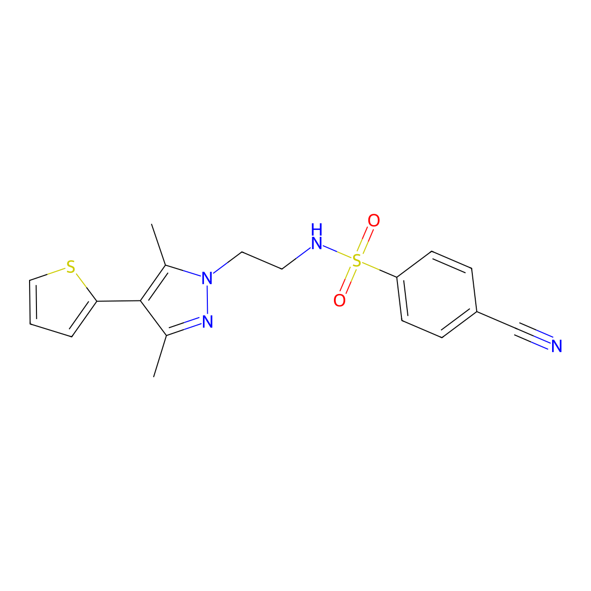 4-cyano-N-(2-(3,5-dimethyl-4-(thiophen-2-yl)-1H-pyrazol-1-yl)ethyl)benzenesulfonamide molecular structure, CAS 2034555-32-1