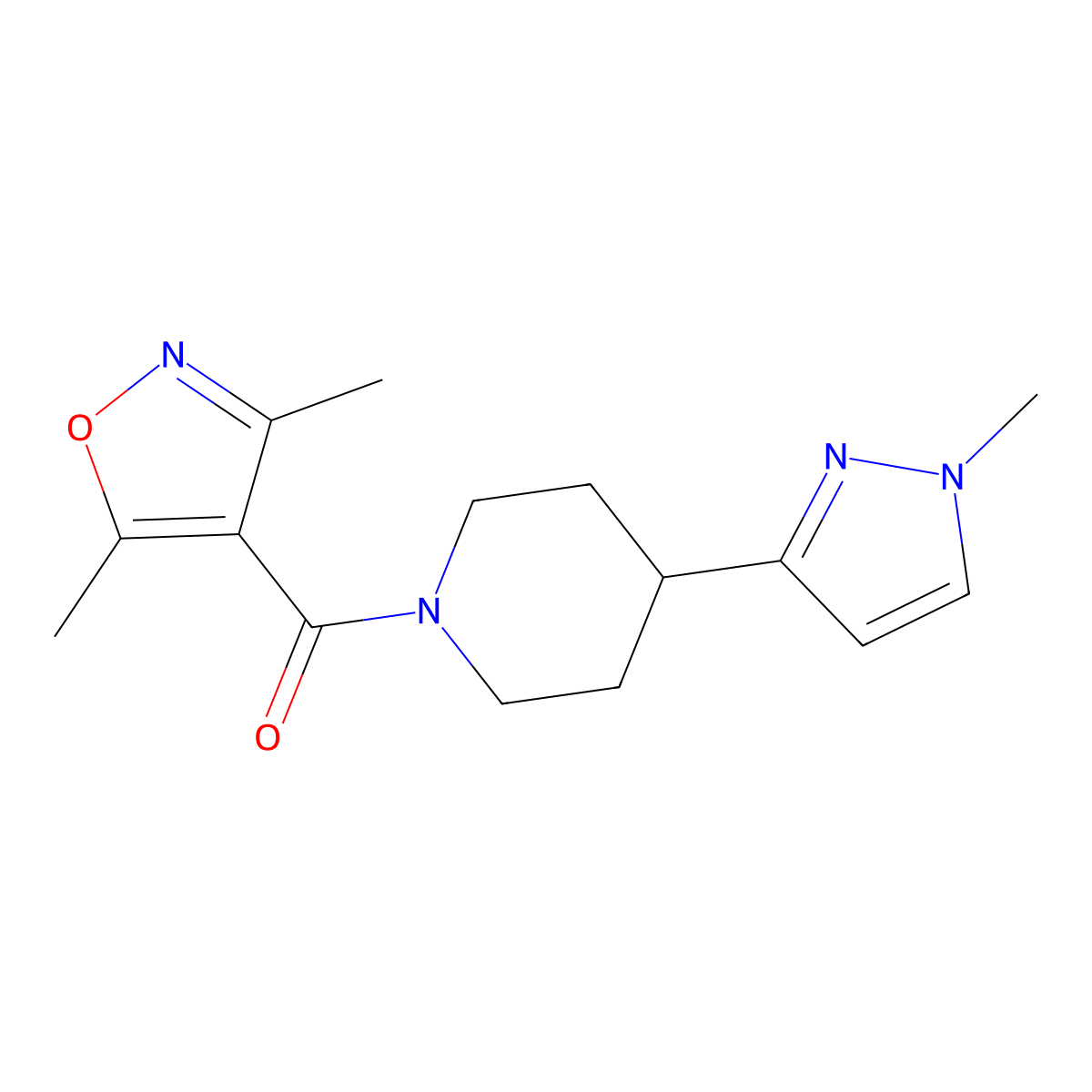 (3,5-dimethylisoxazol-4-yl)(4-(1-methyl-1H-pyrazol-3-yl)piperidin-1-yl)methanone molecular structure, CAS 2034555-35-4