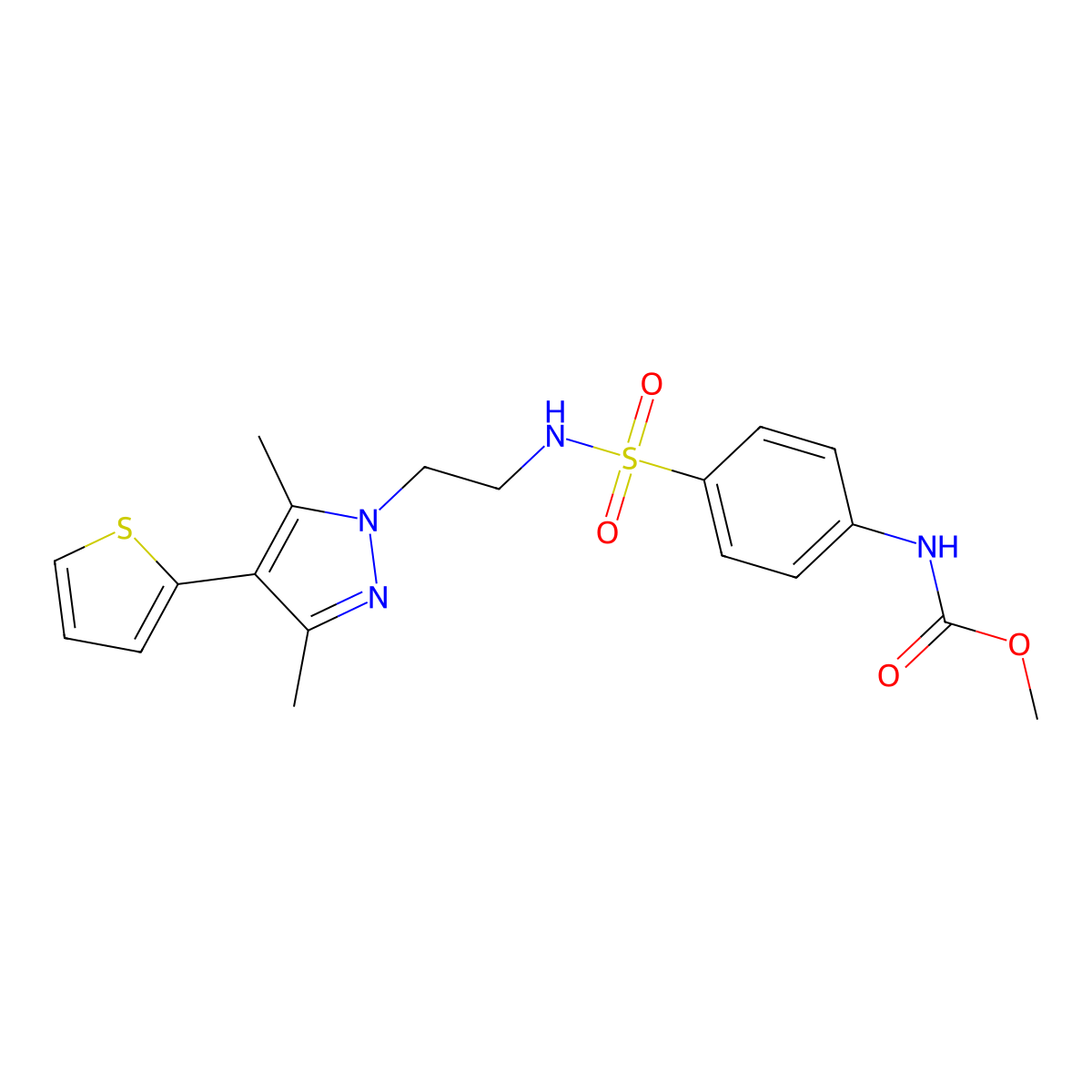 methyl (4-(N-(2-(3,5-dimethyl-4-(thiophen-2-yl)-1H-pyrazol-1-yl)ethyl)sulfamoyl)phenyl)carbamate molecular structure, CAS 2034555-40-1