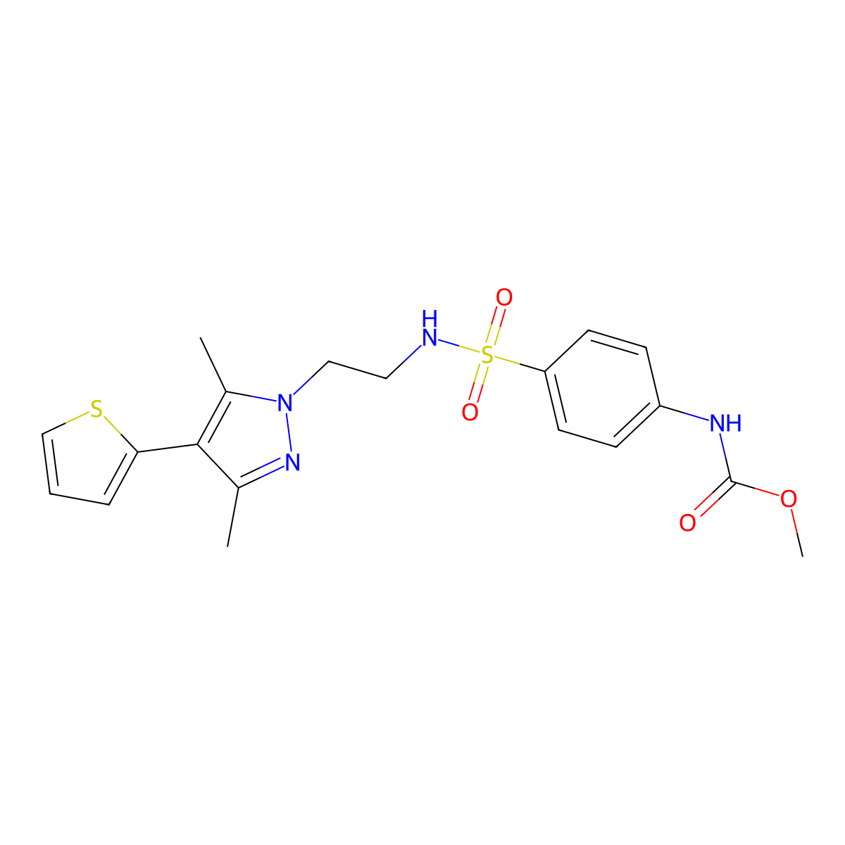 methyl (4-(N-(2-(3,5-dimethyl-4-(thiophen-2-yl)-1H-pyrazol-1-yl)ethyl)sulfamoyl)phenyl)carbamate molecular structure, CAS 2034555-40-1
