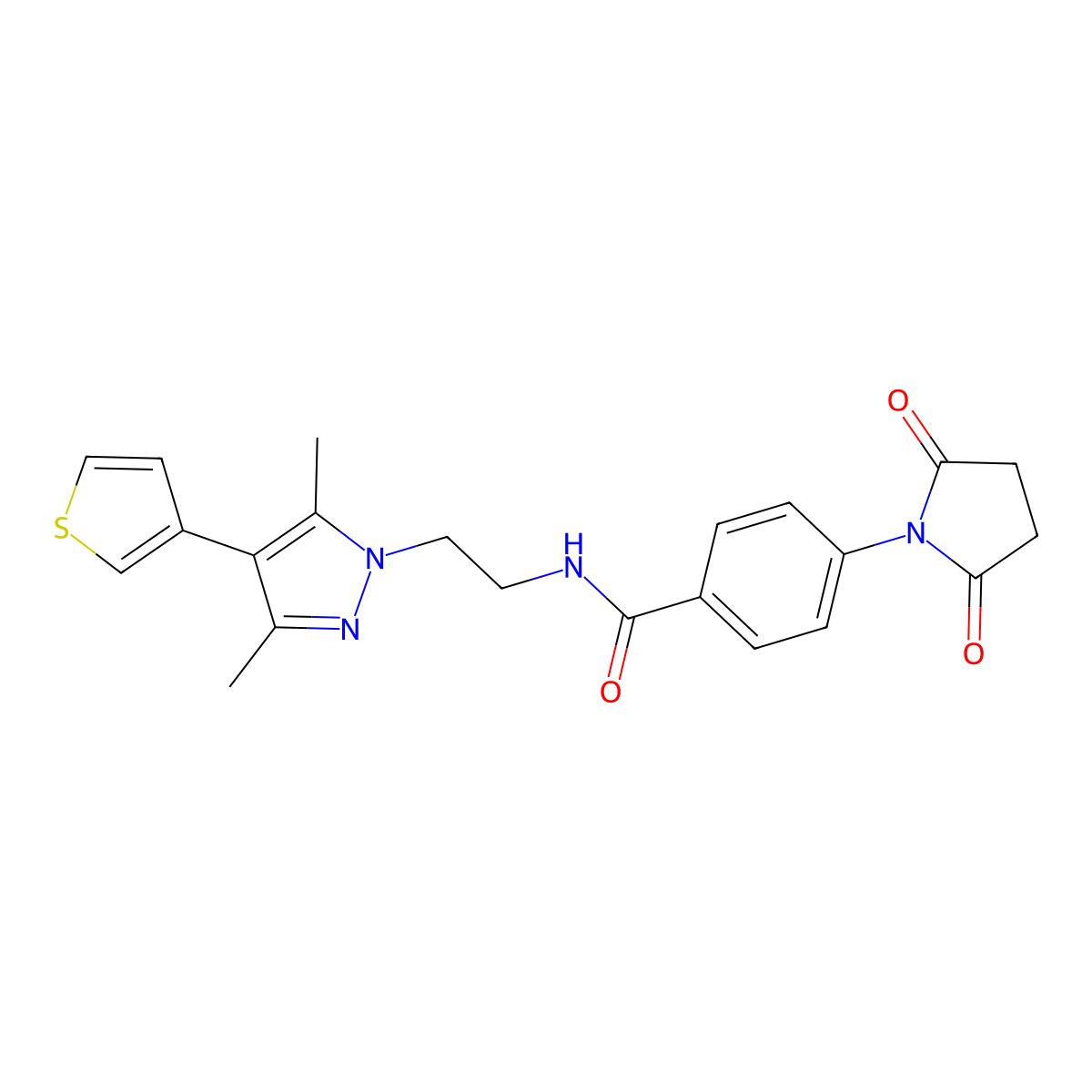 N-(2-(3,5-dimethyl-4-(thiophen-3-yl)-1H-pyrazol-1-yl)ethyl)-4-(2,5-dioxopyrrolidin-1-yl)benzamide molecular structure, CAS 2034555-46-7