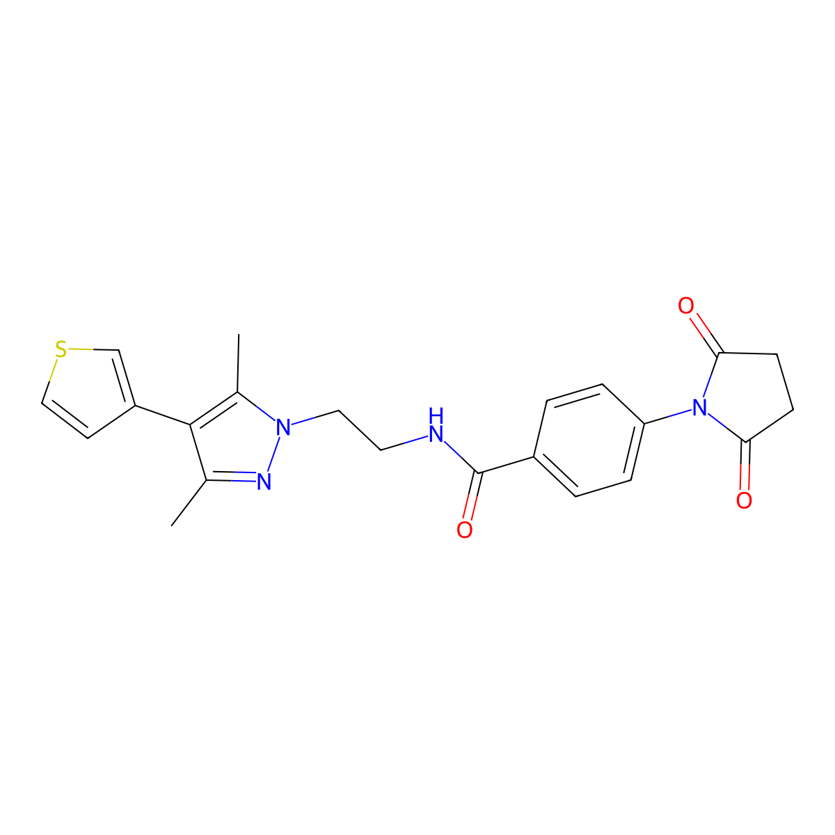 N-(2-(3,5-dimethyl-4-(thiophen-3-yl)-1H-pyrazol-1-yl)ethyl)-4-(2,5-dioxopyrrolidin-1-yl)benzamide molecular structure, CAS 2034555-46-7