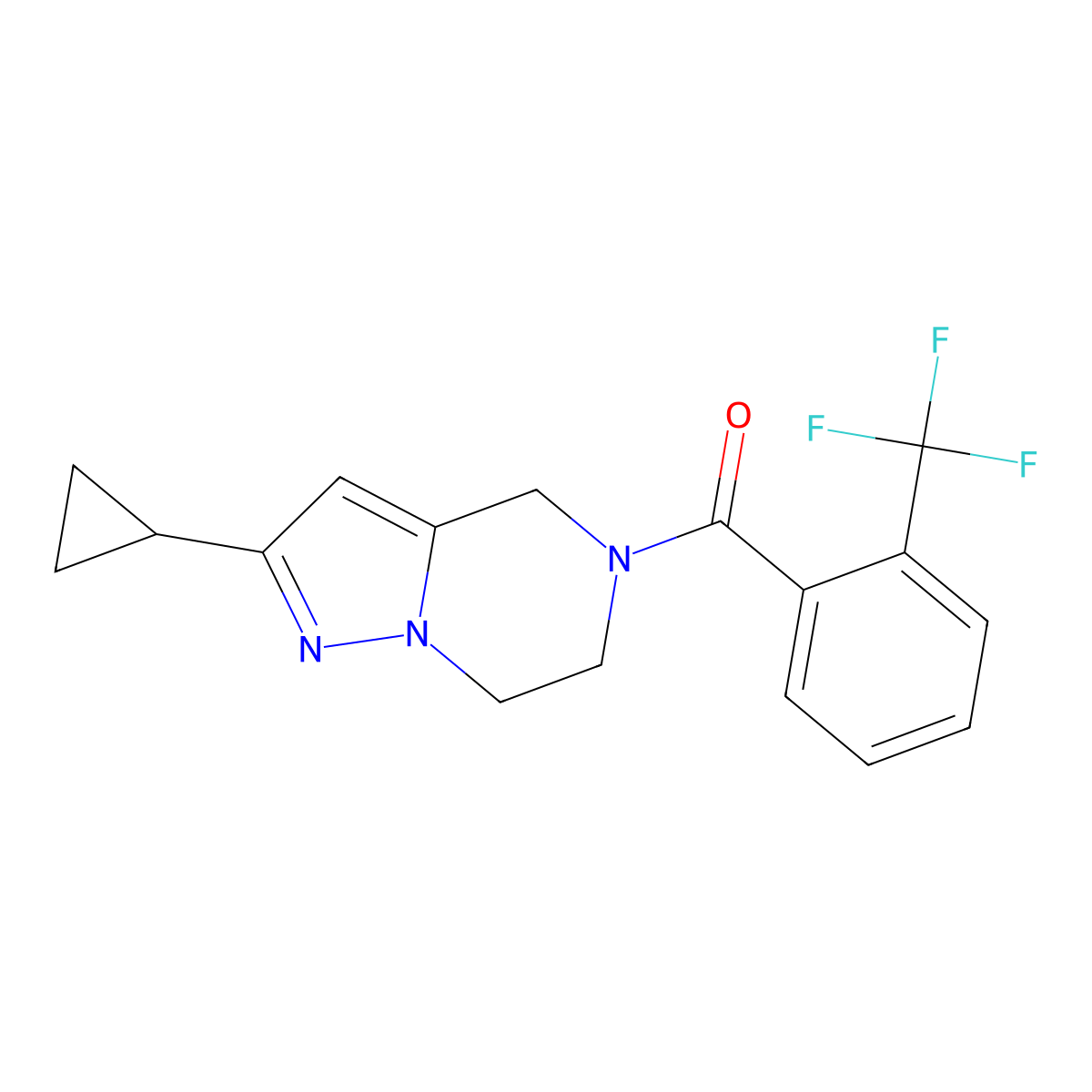 (2-cyclopropyl-6,7-dihydropyrazolo[1,5-a]pyrazin-5(4H)-yl)(2-(trifluoromethyl)phenyl)methanone molecular structure, CAS 2034555-47-8