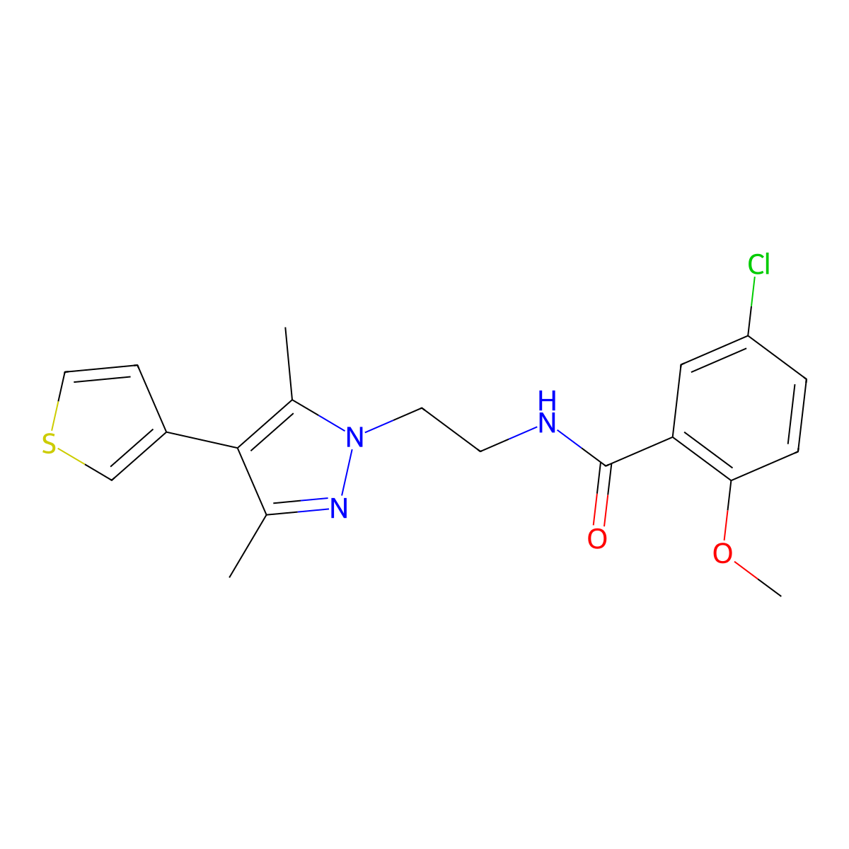 5-chloro-N-(2-(3,5-dimethyl-4-(thiophen-3-yl)-1H-pyrazol-1-yl)ethyl)-2-methoxybenzamide molecular structure, CAS 2034555-52-5