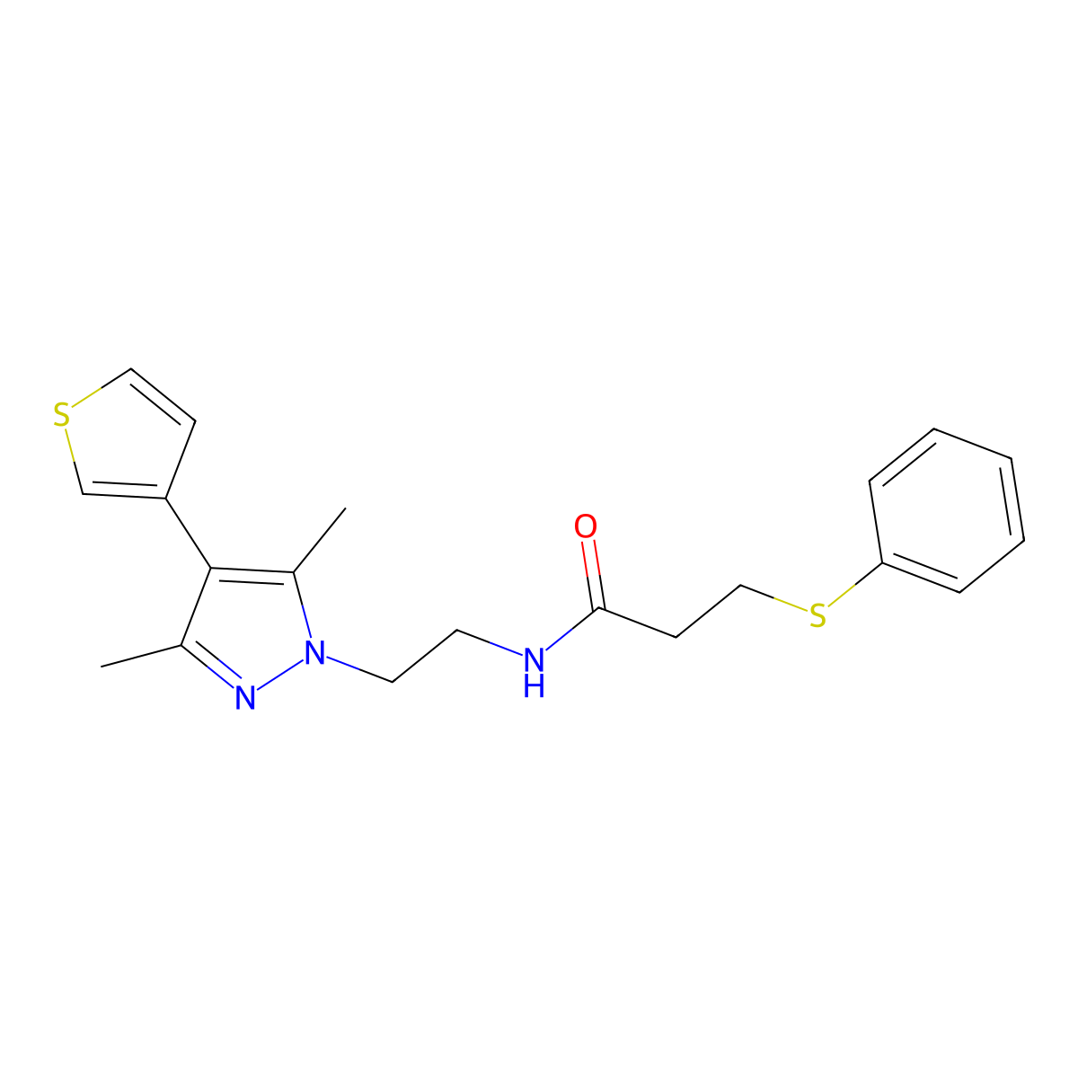 N-(2-(3,5-dimethyl-4-(thiophen-3-yl)-1H-pyrazol-1-yl)ethyl)-3-(phenylthio)propanamide molecular structure, CAS 2034555-59-2