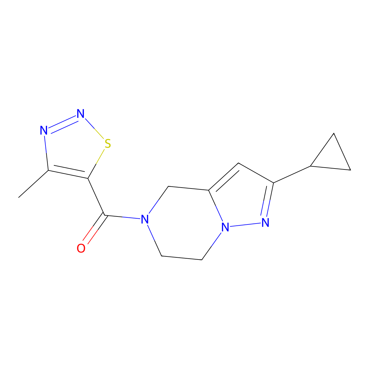 (2-cyclopropyl-6,7-dihydropyrazolo[1,5-a]pyrazin-5(4H)-yl)(4-methyl-1,2,3-thiadiazol-5-yl)methanone molecular structure, CAS 2034555-62-7