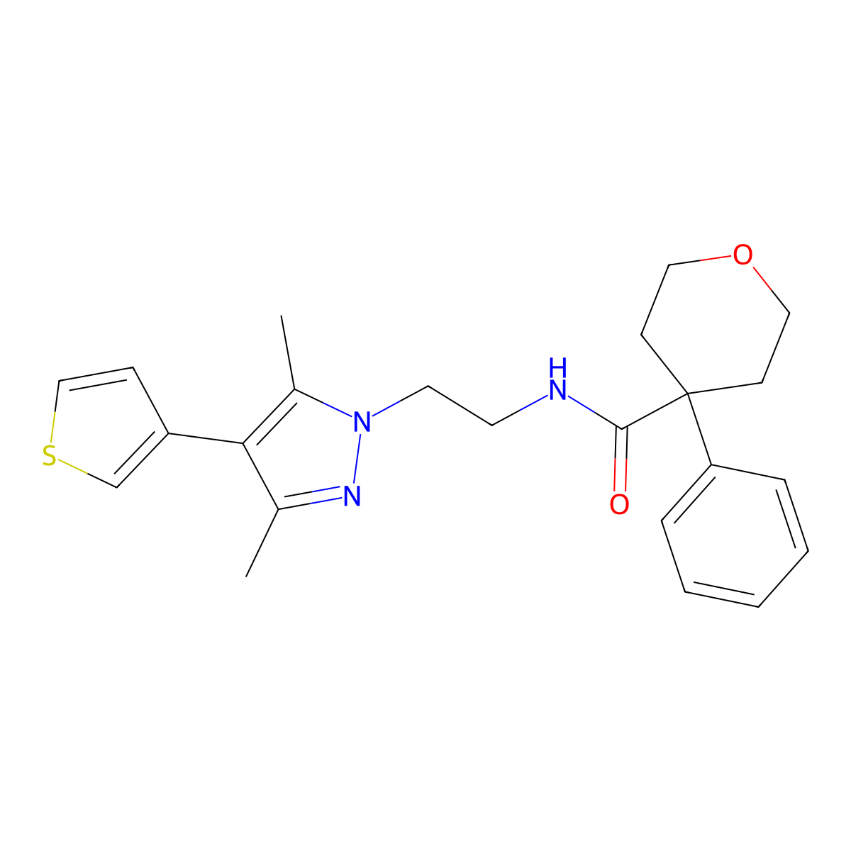 N-(2-(3,5-dimethyl-4-(thiophen-3-yl)-1H-pyrazol-1-yl)ethyl)-4-phenyltetrahydro-2H-pyran-4-carboxamide molecular structure, CAS 2034555-65-0