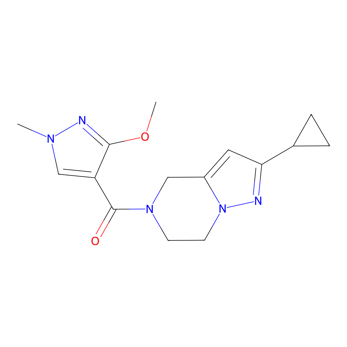 (2-cyclopropyl-6,7-dihydropyrazolo[1,5-a]pyrazin-5(4H)-yl)(3-methoxy-1-methyl-1H-pyrazol-4-yl)methanone molecular structure, CAS 2034555-74-1