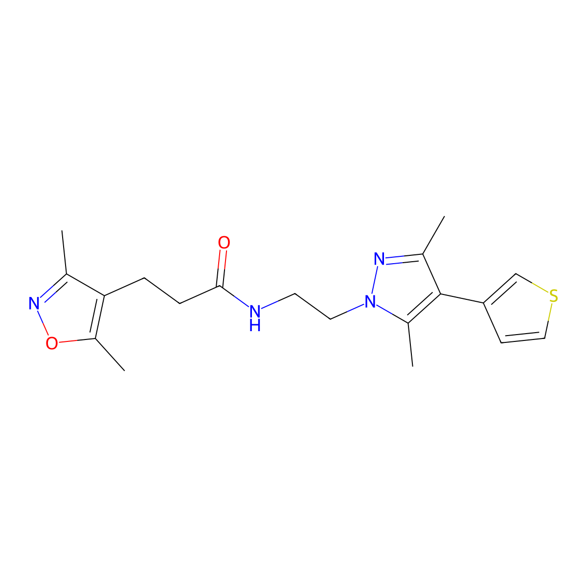 N-(2-(3,5-dimethyl-4-(thiophen-3-yl)-1H-pyrazol-1-yl)ethyl)-3-(3,5-dimethylisoxazol-4-yl)propanamide molecular structure, CAS 2034555-76-3