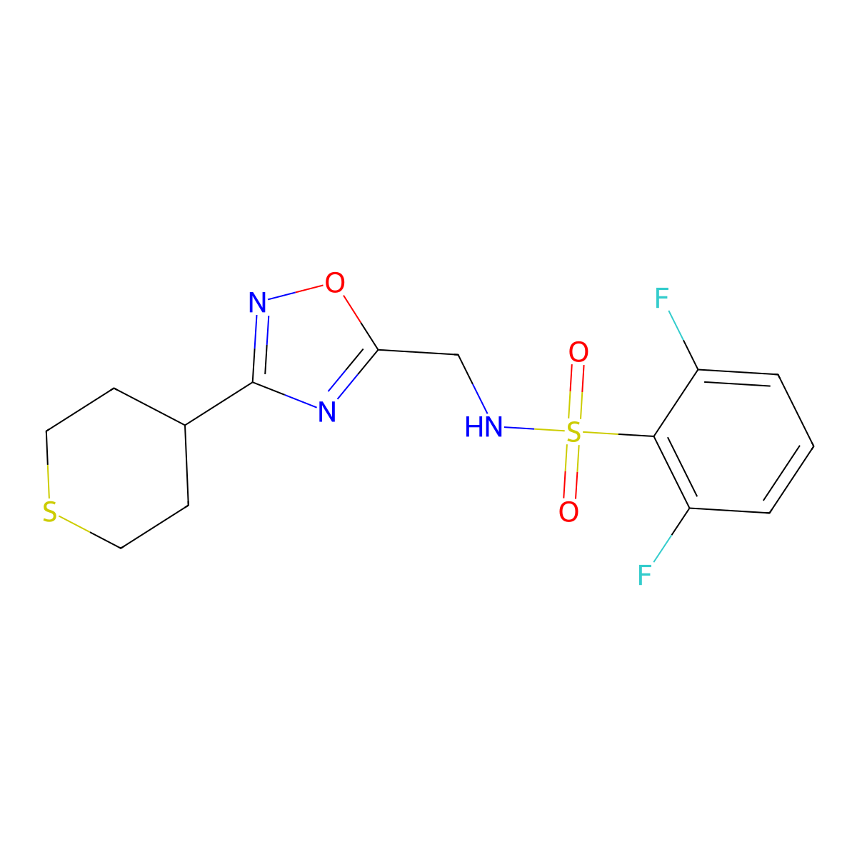2,6-difluoro-N-((3-(tetrahydro-2H-thiopyran-4-yl)-1,2,4-oxadiazol-5-yl)methyl)benzenesulfonamide molecular structure, CAS 2034555-87-6