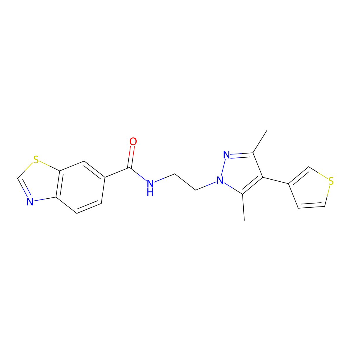 N-(2-(3,5-dimethyl-4-(thiophen-3-yl)-1H-pyrazol-1-yl)ethyl)benzo[d]thiazole-6-carboxamide molecular structure, CAS 2034555-89-8