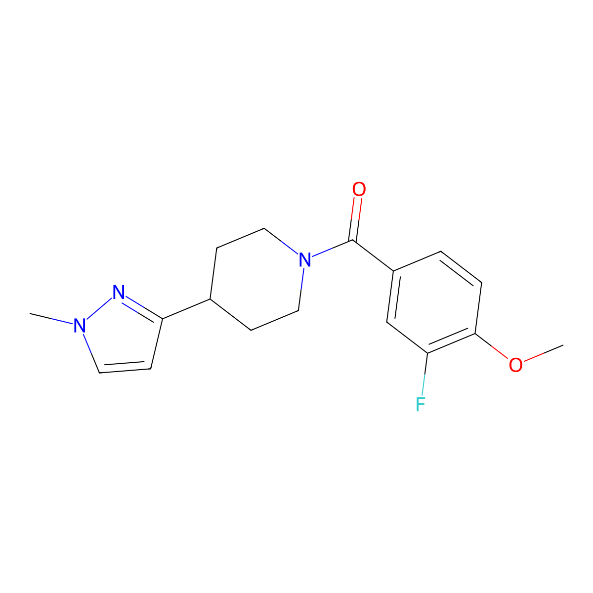 (3-fluoro-4-methoxyphenyl)(4-(1-methyl-1H-pyrazol-3-yl)piperidin-1-yl)methanone molecular structure, CAS 2034555-90-1
