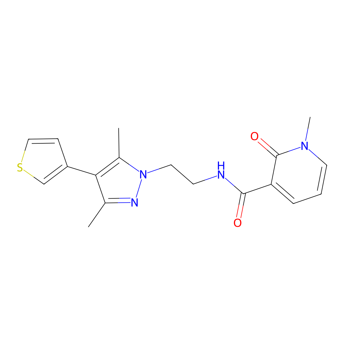 N-{2-[3,5-dimethyl-4-(thiophen-3-yl)-1H-pyrazol-1-yl]ethyl}-1-methyl-2-oxo-1,2-dihydropyridine-3-carboxamide molecular structure, CAS 2034555-92-3