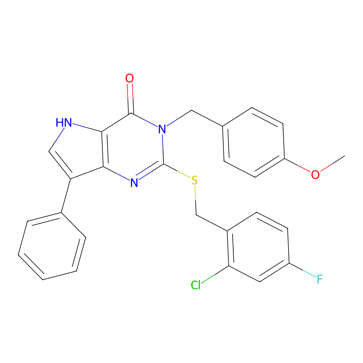 2-((2-chloro-4-fluorobenzyl)thio)-3-(4-methoxybenzyl)-7-phenyl-3H-pyrrolo[3,2-d]pyrimidin-4(5H)-one molecular structure, CAS 2034555-96-7