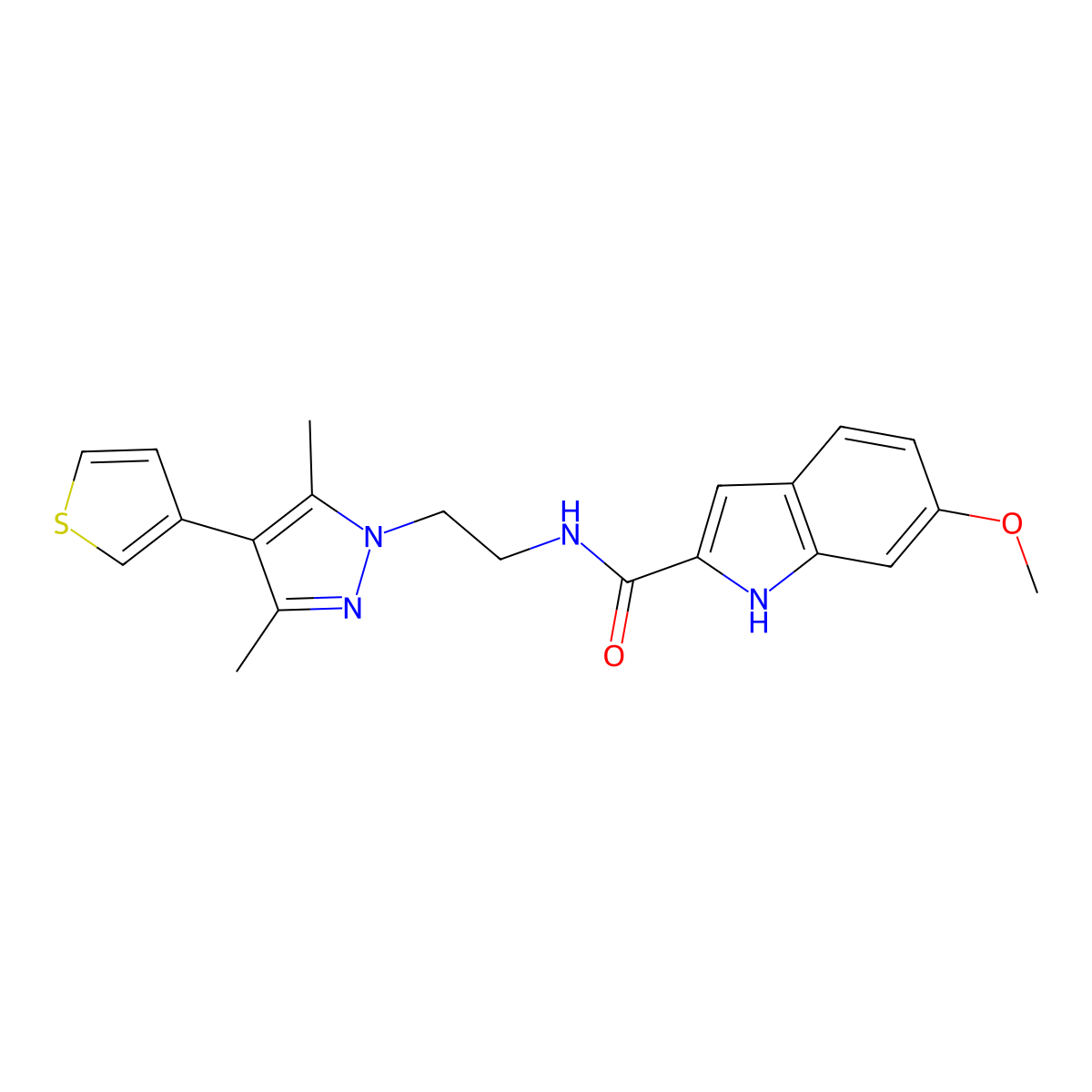 N-{2-[3,5-dimethyl-4-(thiophen-3-yl)-1H-pyrazol-1-yl]ethyl}-6-methoxy-1H-indole-2-carboxamide molecular structure, CAS 2034556-00-6