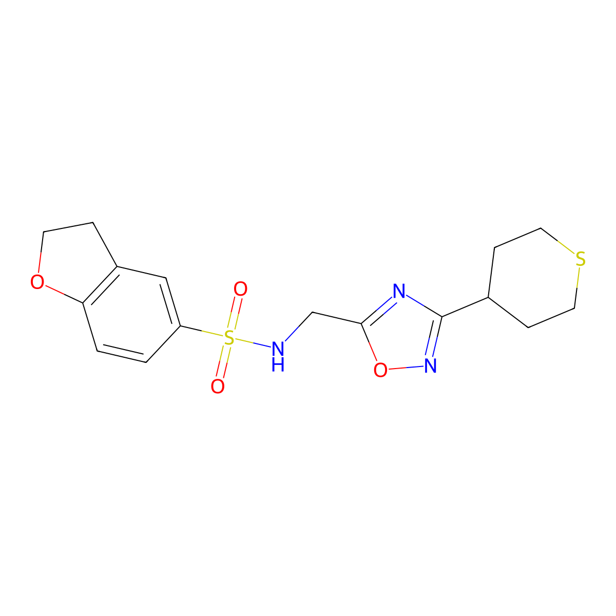 N-((3-(tetrahydro-2H-thiopyran-4-yl)-1,2,4-oxadiazol-5-yl)methyl)-2,3-dihydrobenzofuran-5-sulfonamide molecular structure, CAS 2034556-03-9