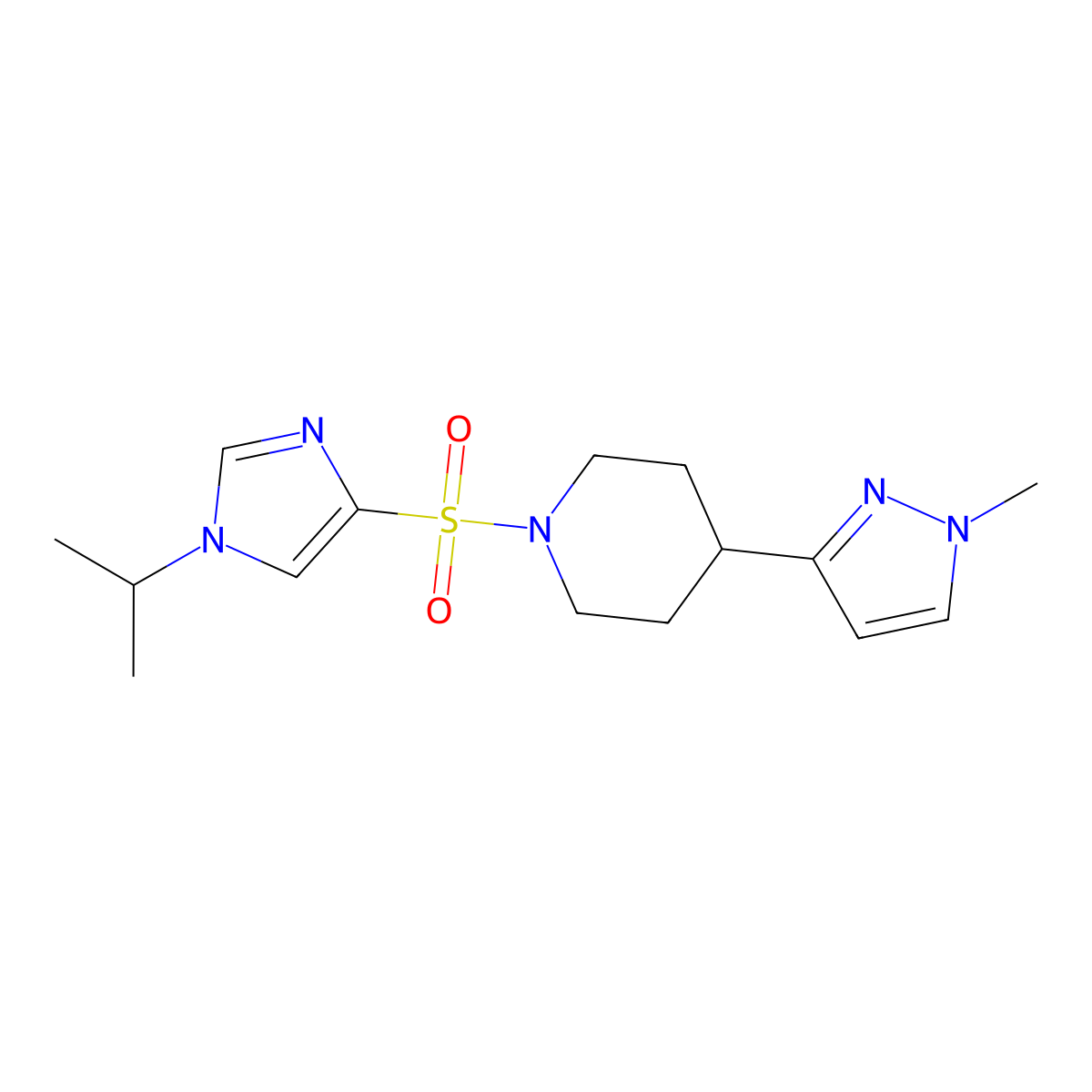 1-((1-isopropyl-1H-imidazol-4-yl)sulfonyl)-4-(1-methyl-1H-pyrazol-3-yl)piperidine molecular structure, CAS 2034556-05-1