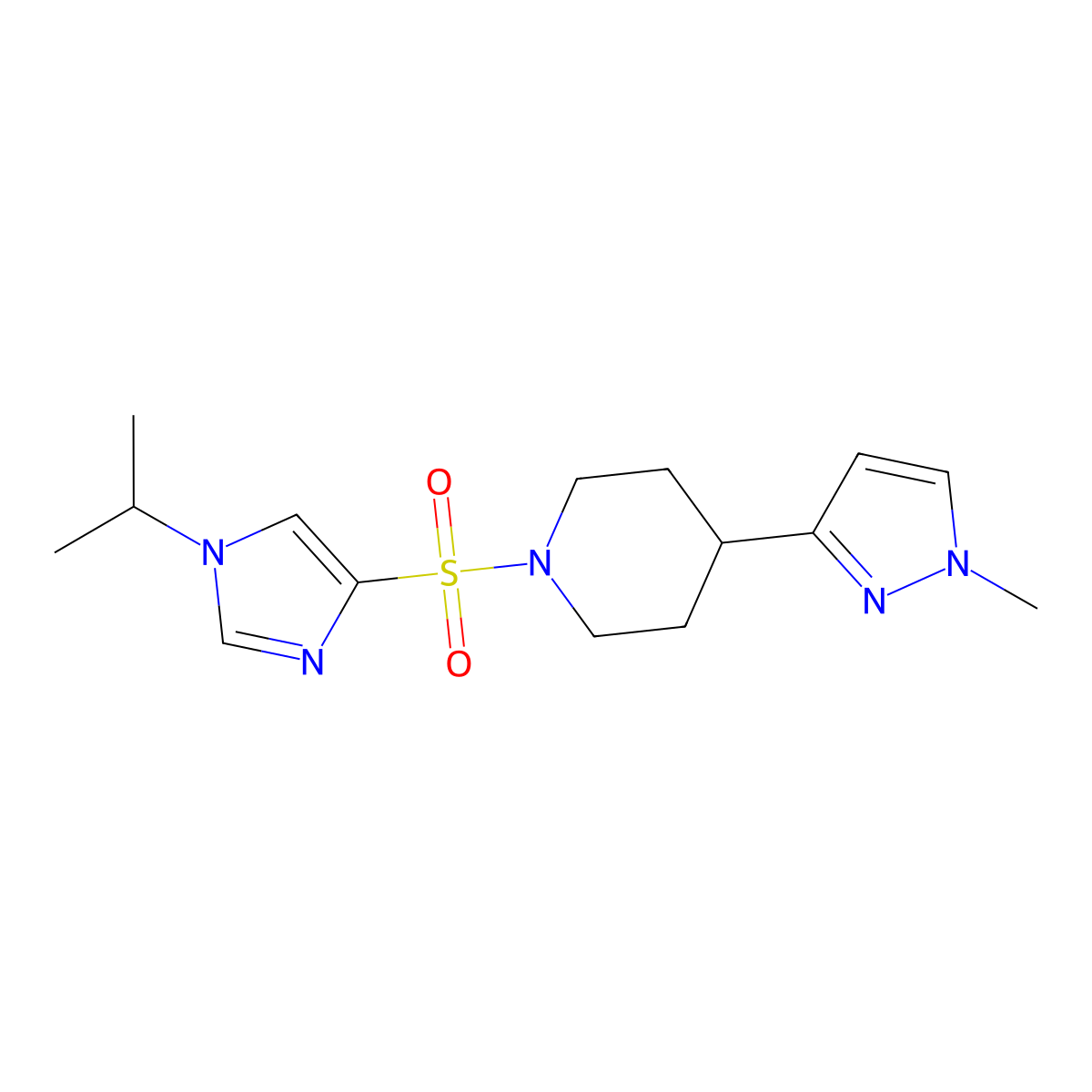 1-((1-isopropyl-1H-imidazol-4-yl)sulfonyl)-4-(1-methyl-1H-pyrazol-3-yl)piperidine molecular structure, CAS 2034556-05-1