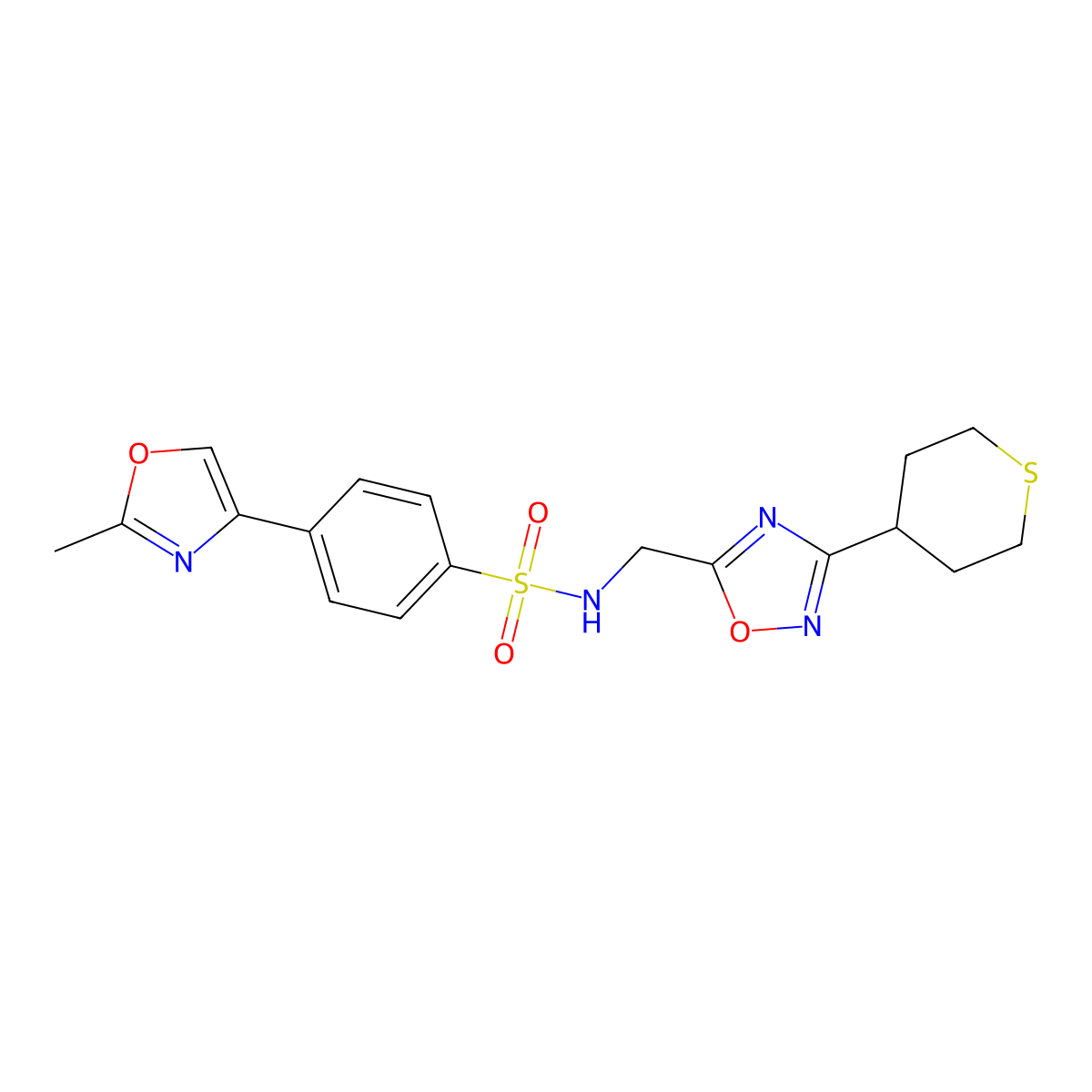 4-(2-methyloxazol-4-yl)-N-((3-(tetrahydro-2H-thiopyran-4-yl)-1,2,4-oxadiazol-5-yl)methyl)benzenesulfonamide molecular structure, CAS 2034556-08-4