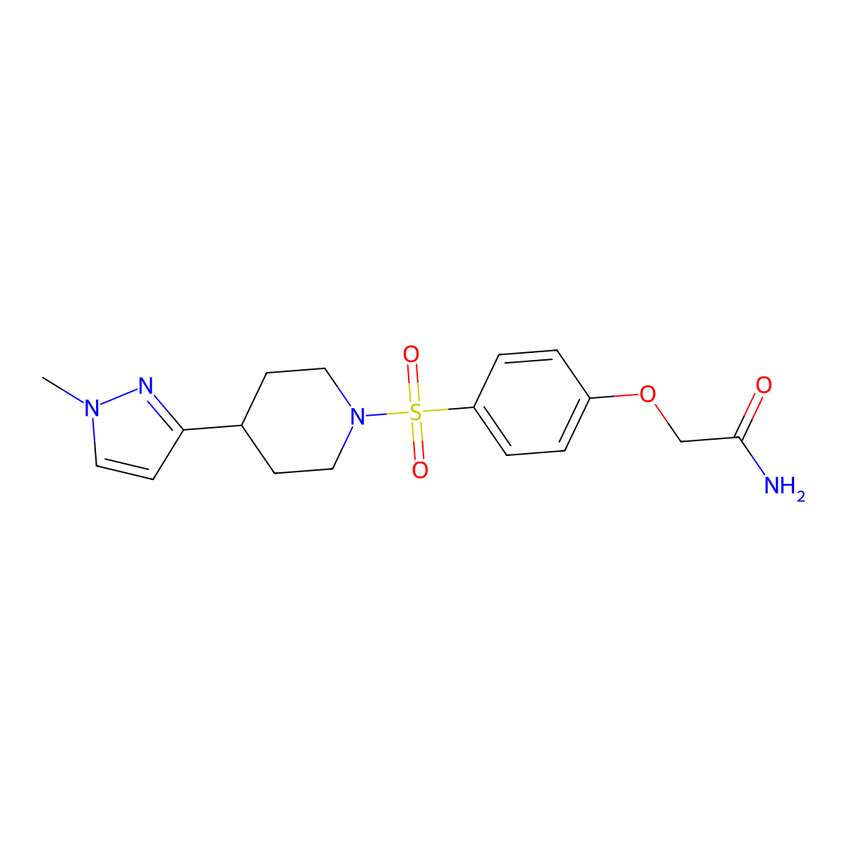2-(4-((4-(1-methyl-1H-pyrazol-3-yl)piperidin-1-yl)sulfonyl)phenoxy)acetamide molecular structure, CAS 2034556-13-1
