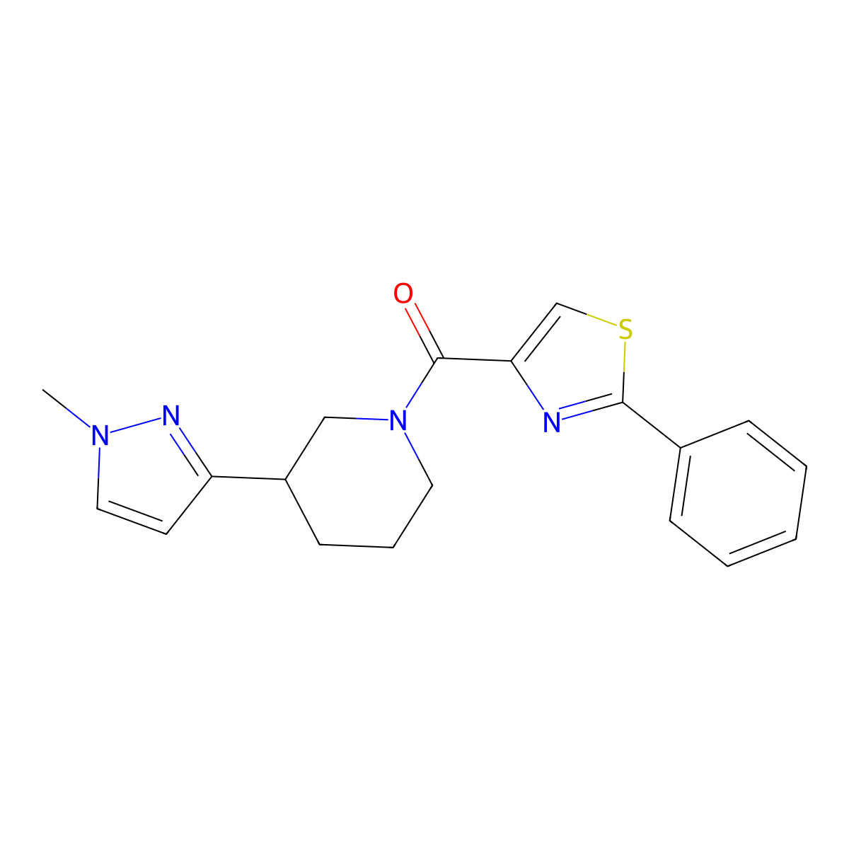 (3-(1-methyl-1H-pyrazol-3-yl)piperidin-1-yl)(2-phenylthiazol-4-yl)methanone molecular structure, CAS 2034556-14-2